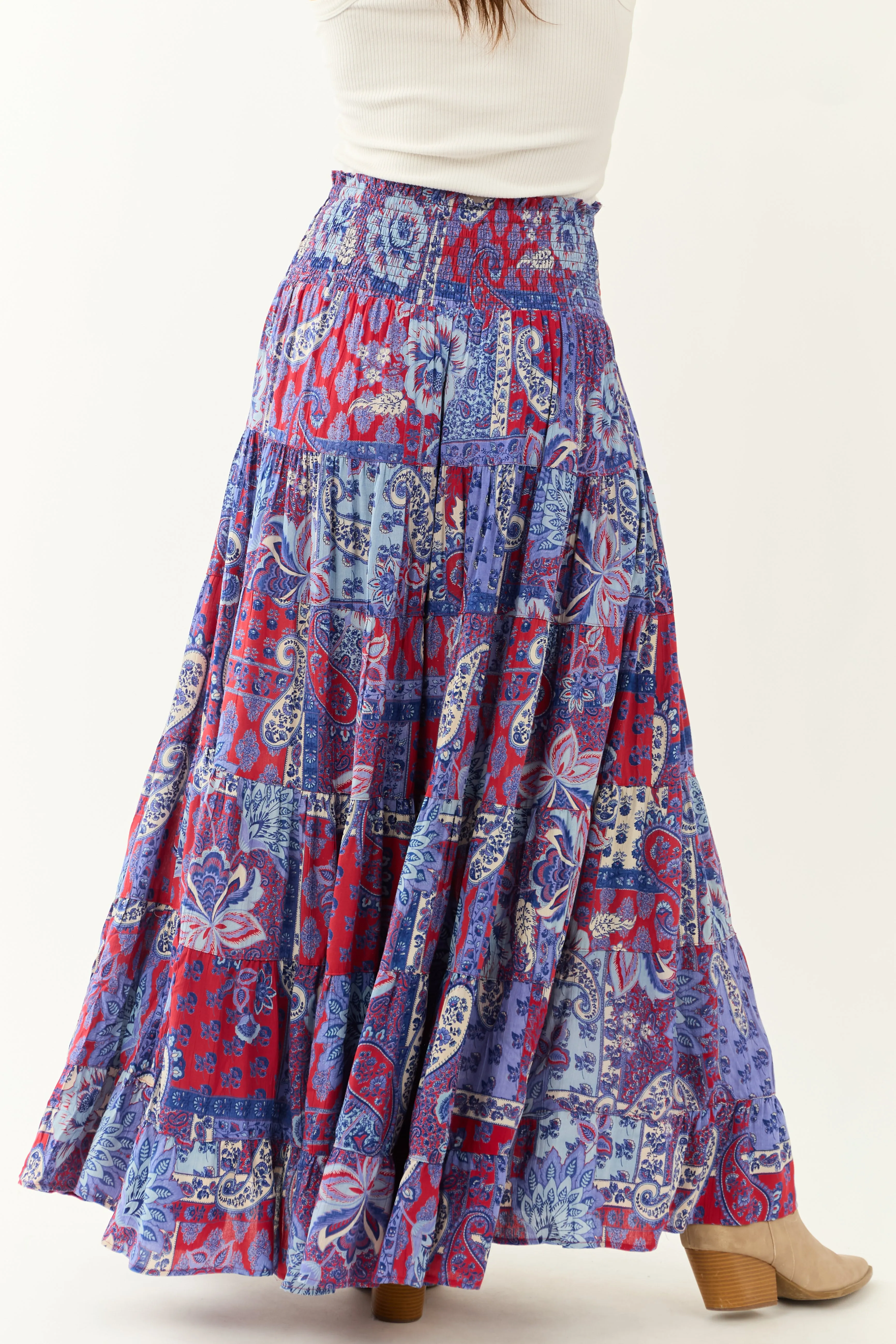 Cobalt Paisley Floral Print Smocked Tiered Maxi Skirt sold by Lime Lush product image thumbnail 4