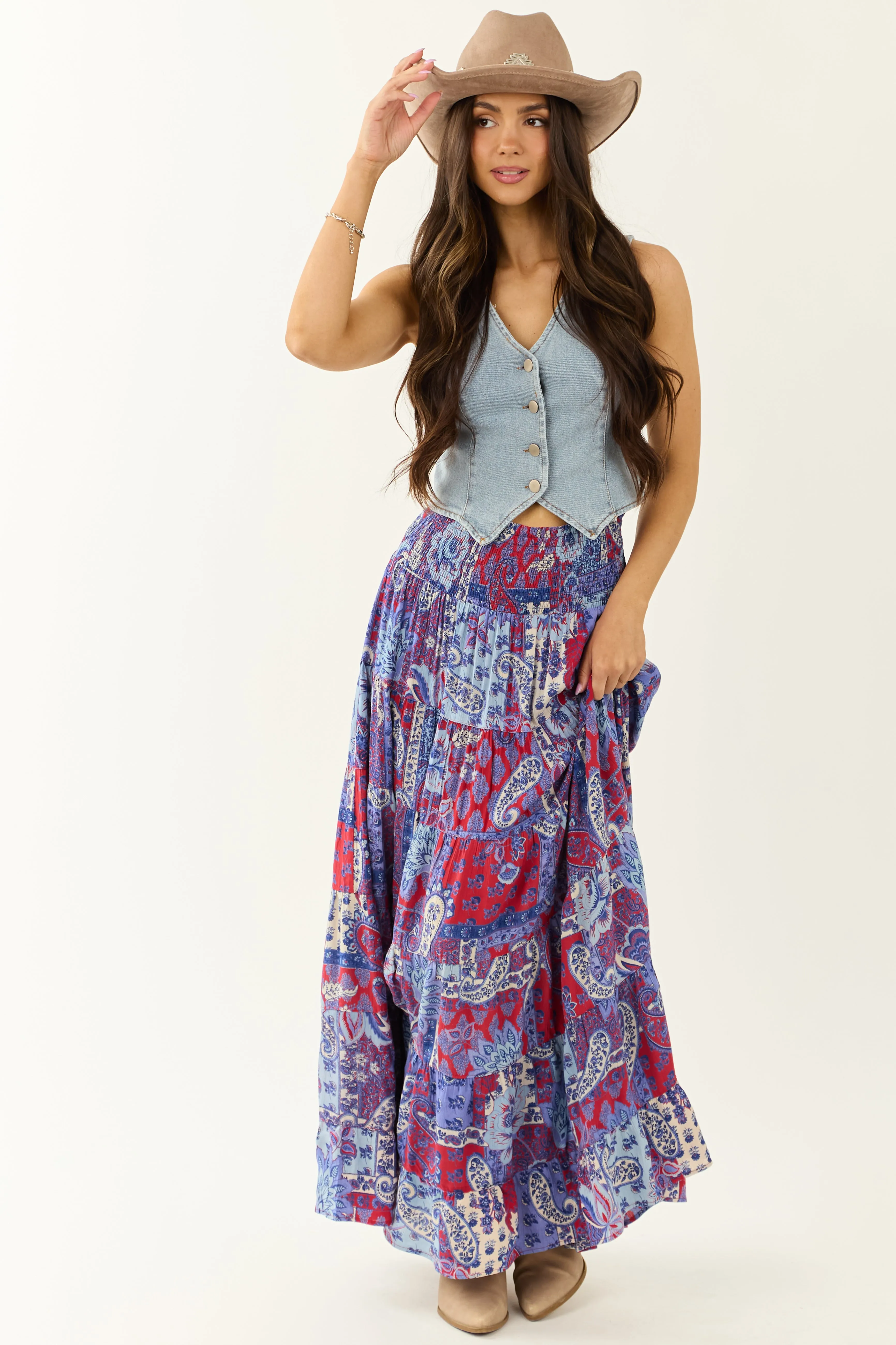 Cobalt Paisley Floral Print Smocked Tiered Maxi Skirt sold by Lime Lush