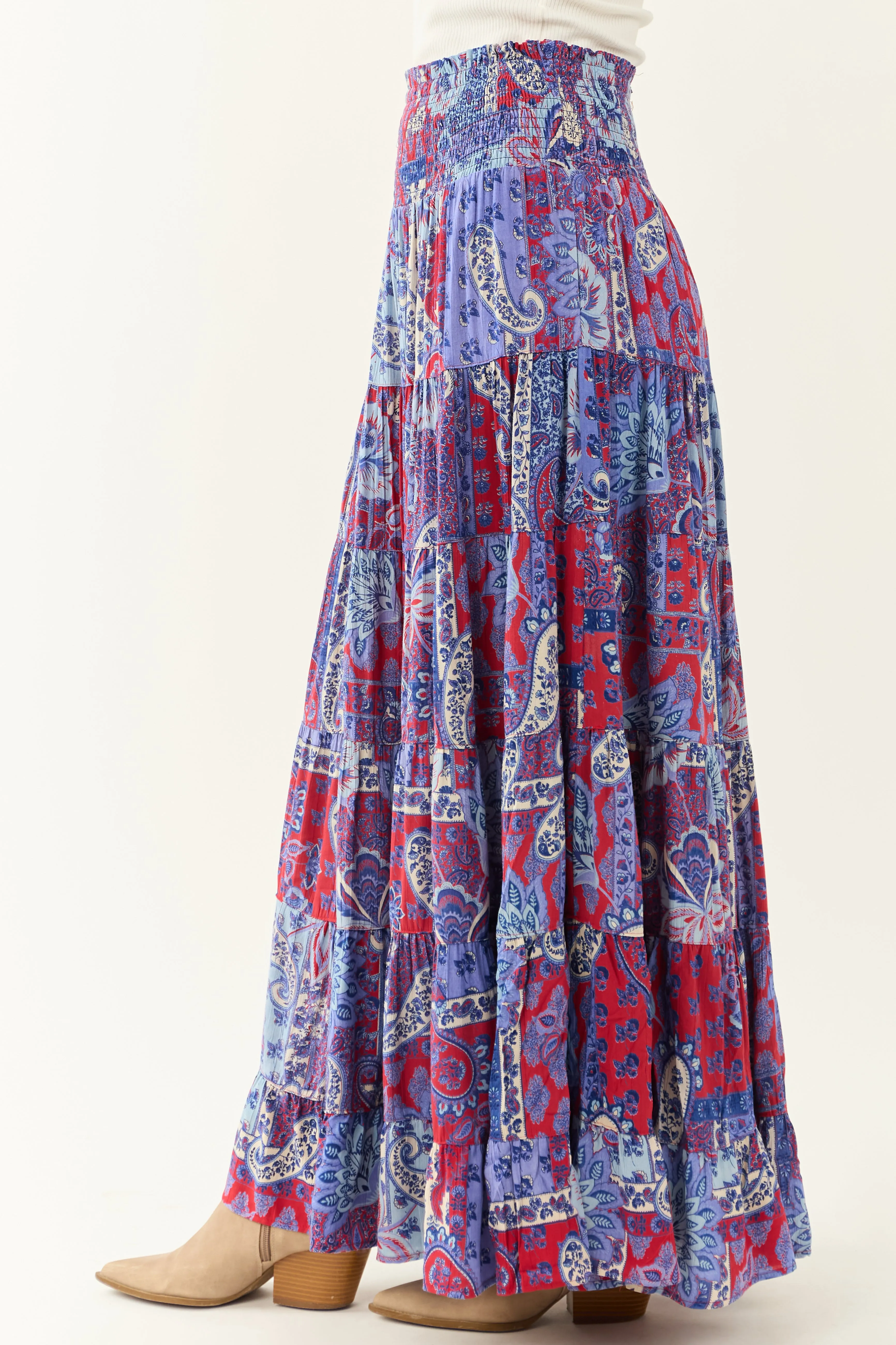 Cobalt Paisley Floral Print Smocked Tiered Maxi Skirt sold by Lime Lush product image thumbnail 3