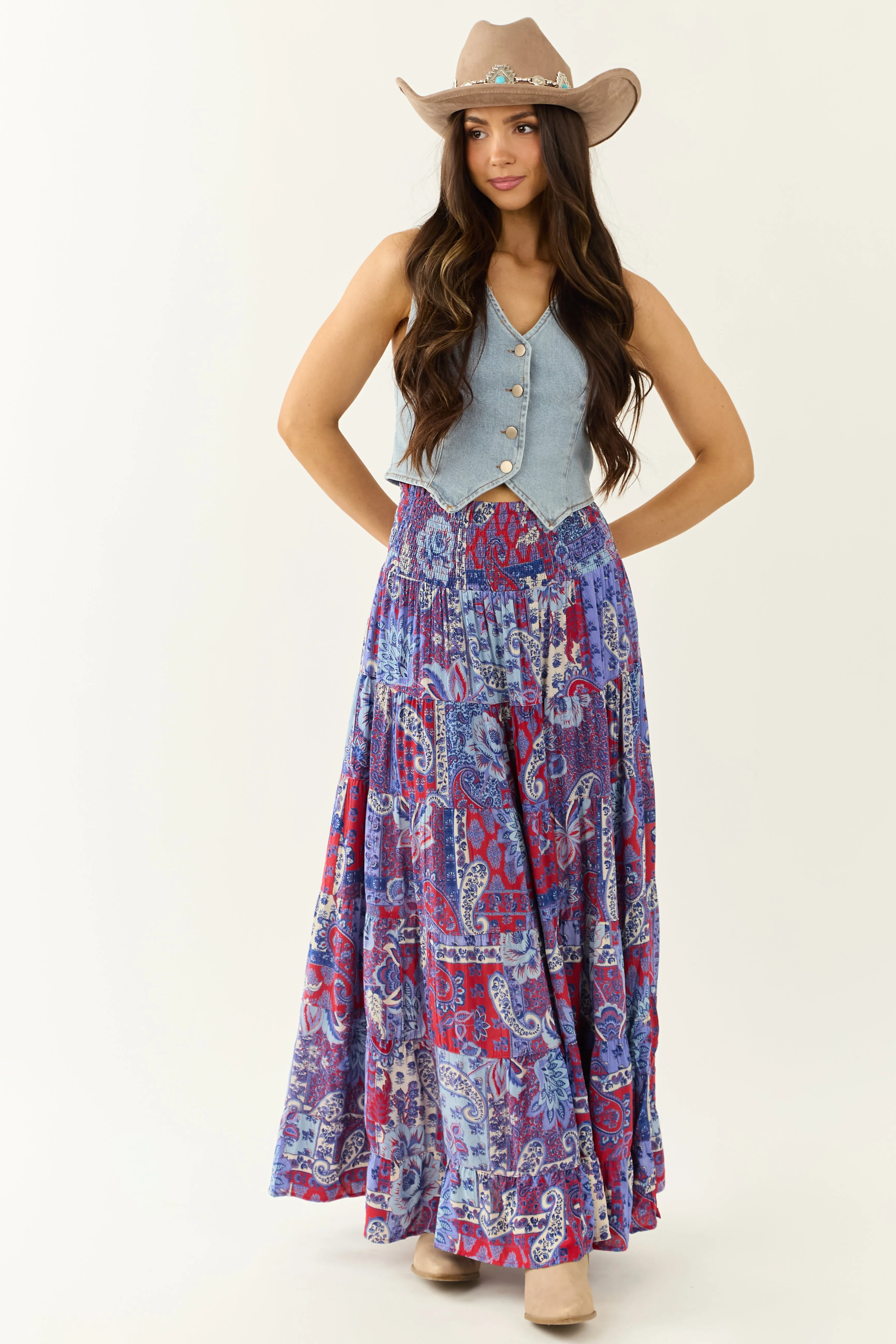 Cobalt Paisley Floral Print Smocked Tiered Maxi Skirt sold by Lime Lush product image thumbnail 5