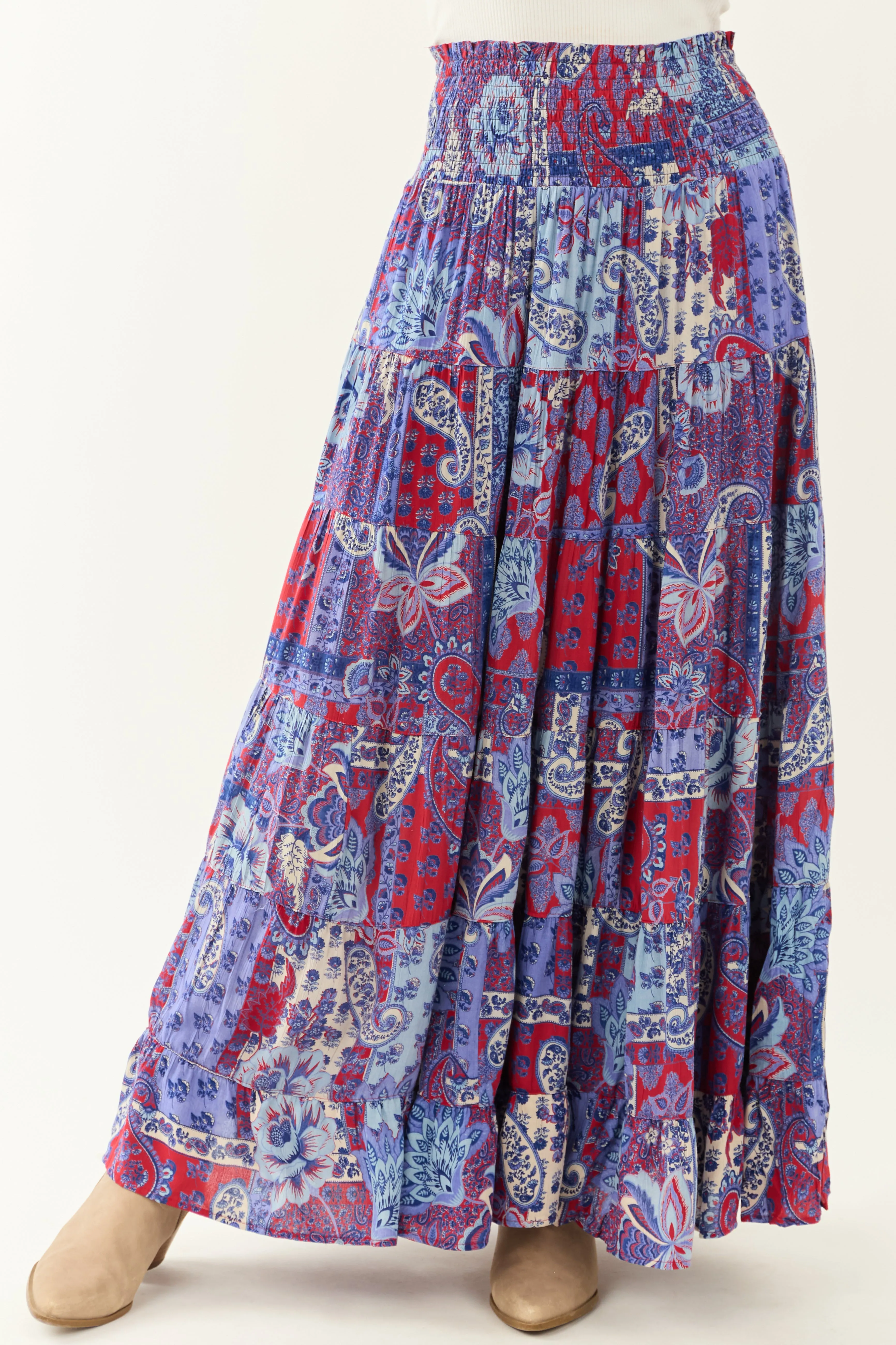 Cobalt Paisley Floral Print Smocked Tiered Maxi Skirt sold by Lime Lush product image thumbnail 2