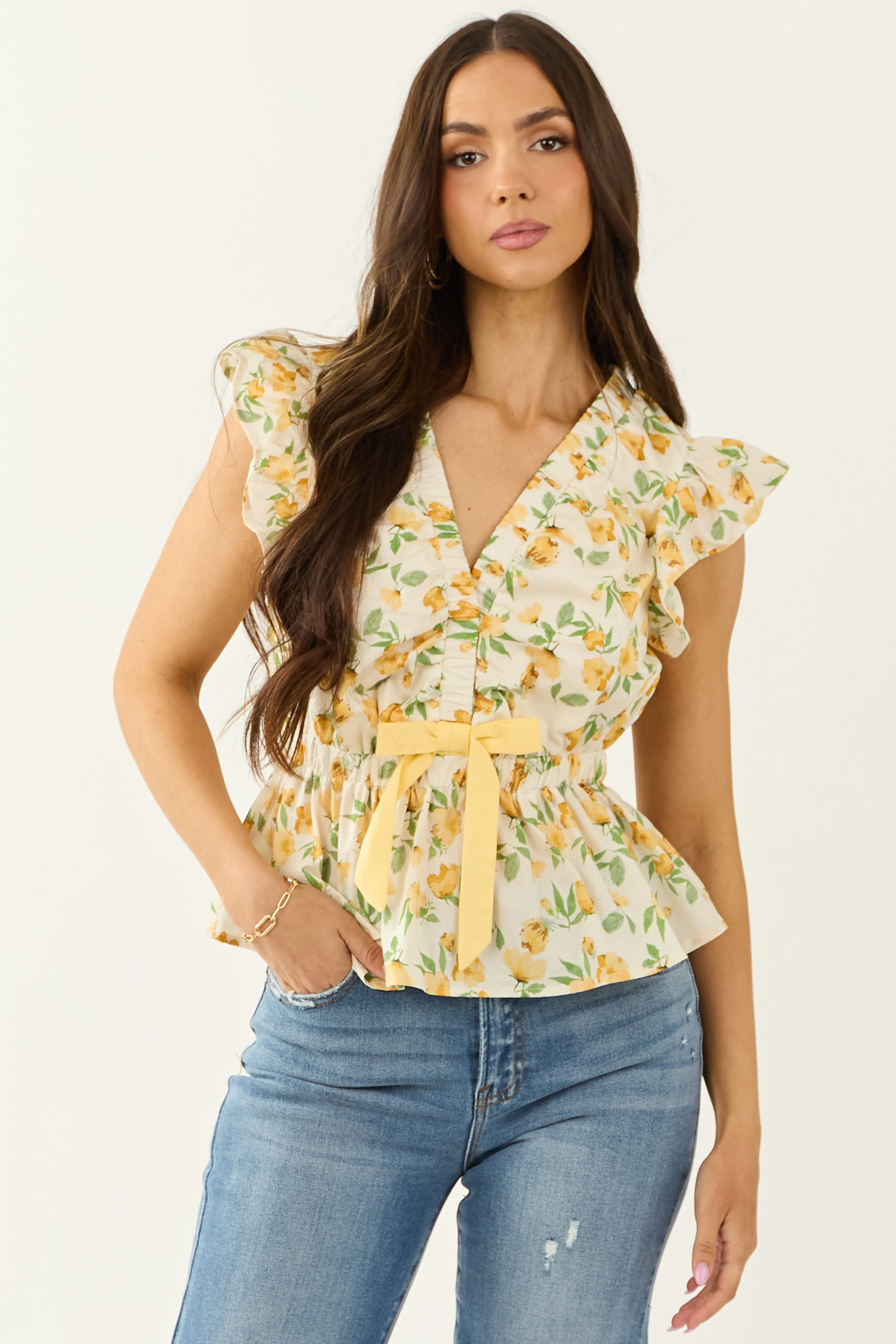 Ivory Floral Print Cotton Ruffle Cap Sleeve Top sold by Lime Lush