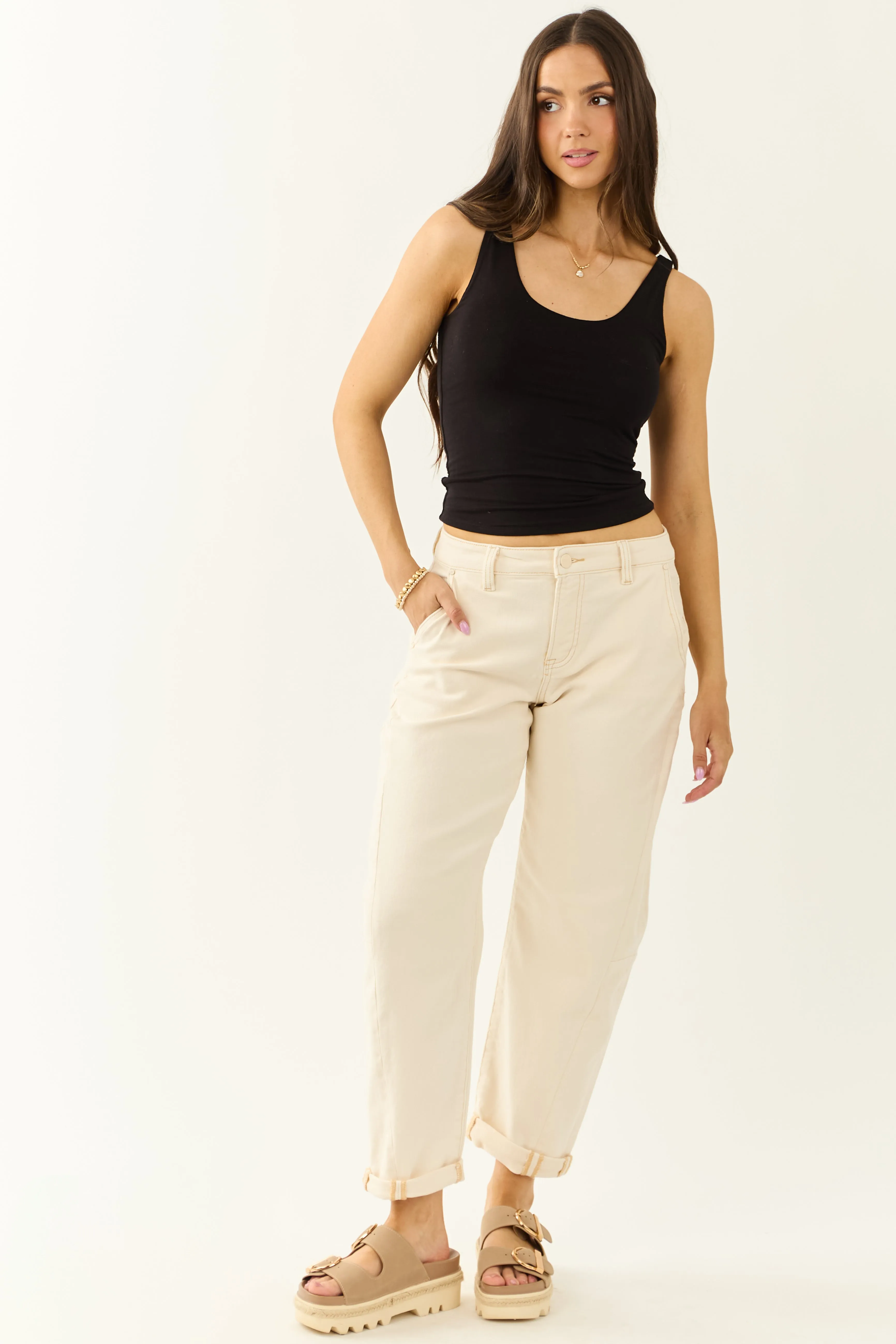 Risen Ivory High Rise Cuffed Stretchy Barrel Jeans sold by Lime Lush product image thumbnail 5