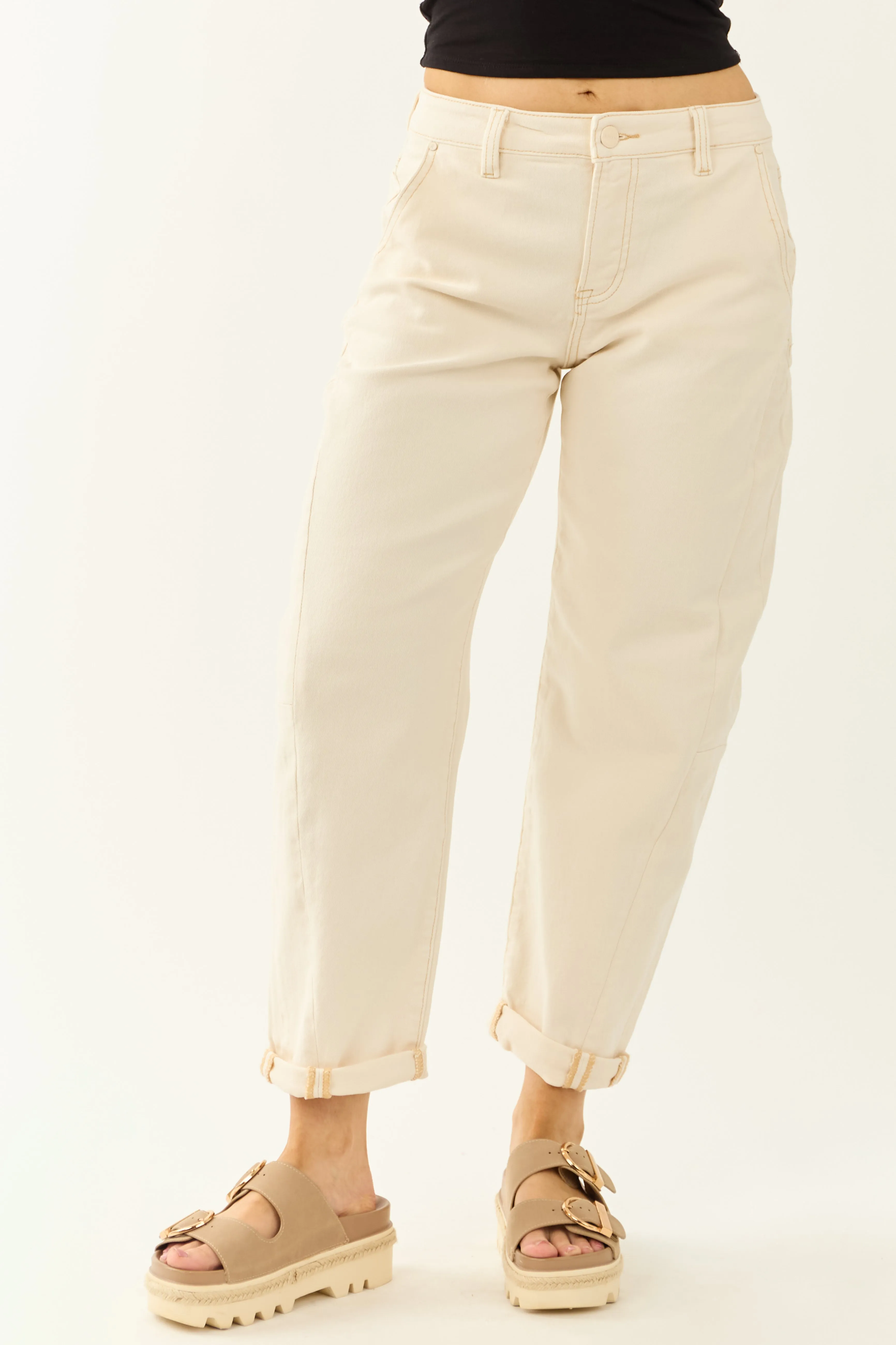 Risen Ivory High Rise Cuffed Stretchy Barrel Jeans sold by Lime Lush product image thumbnail 2