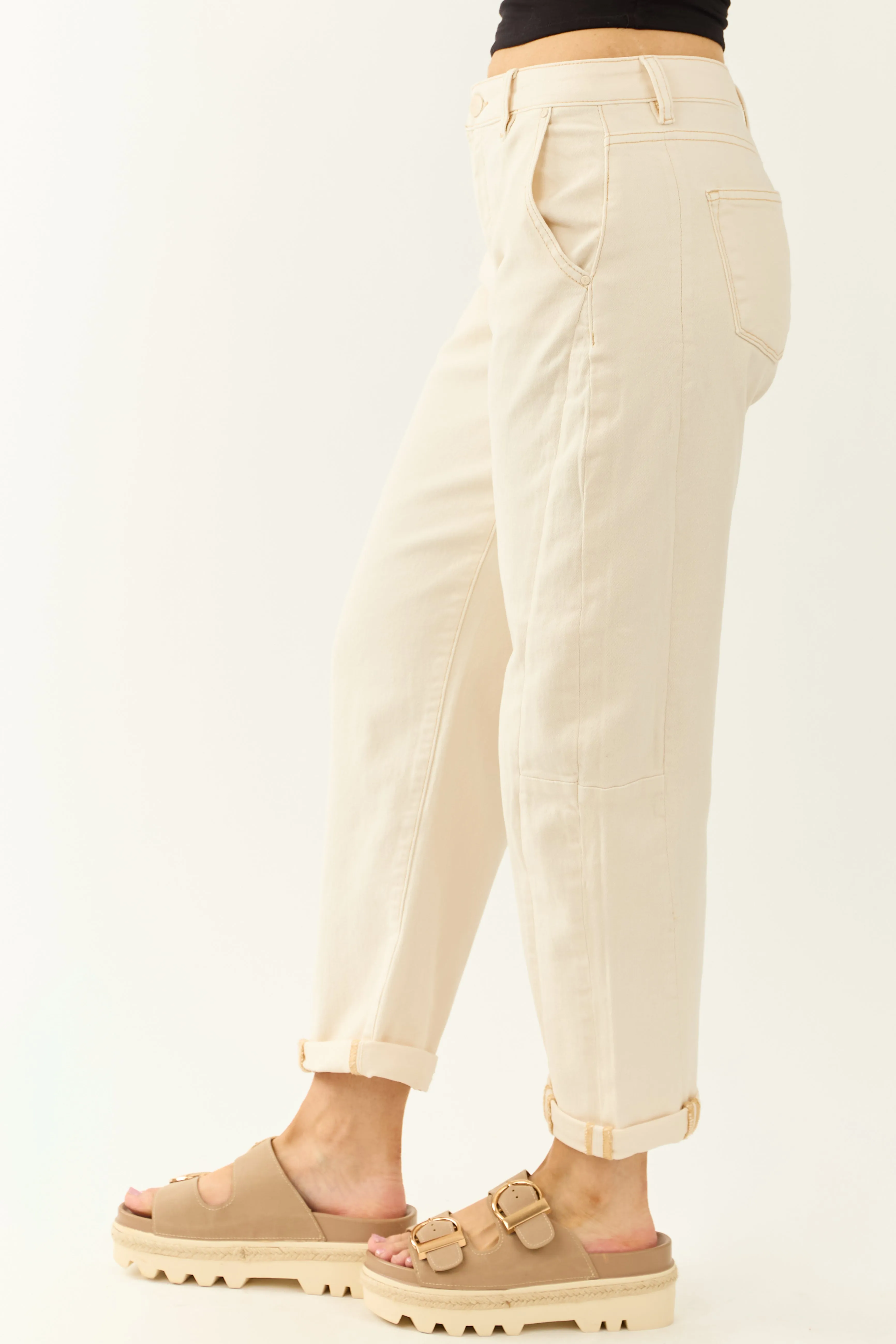 Risen Ivory High Rise Cuffed Stretchy Barrel Jeans sold by Lime Lush product image thumbnail 3