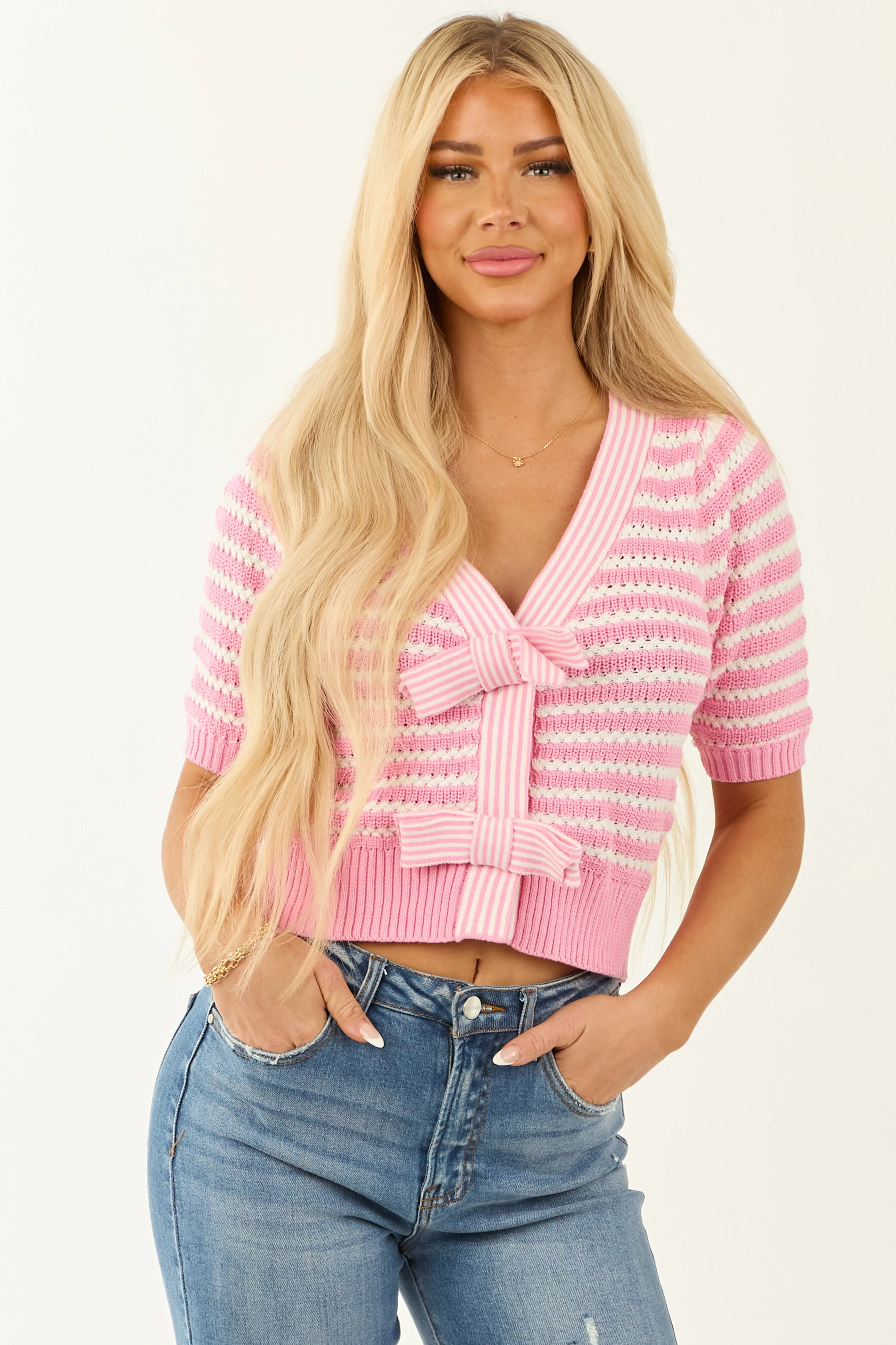 Bubblegum and Ivory Striped Half Sleeve Cardigan sold by Lime Lush