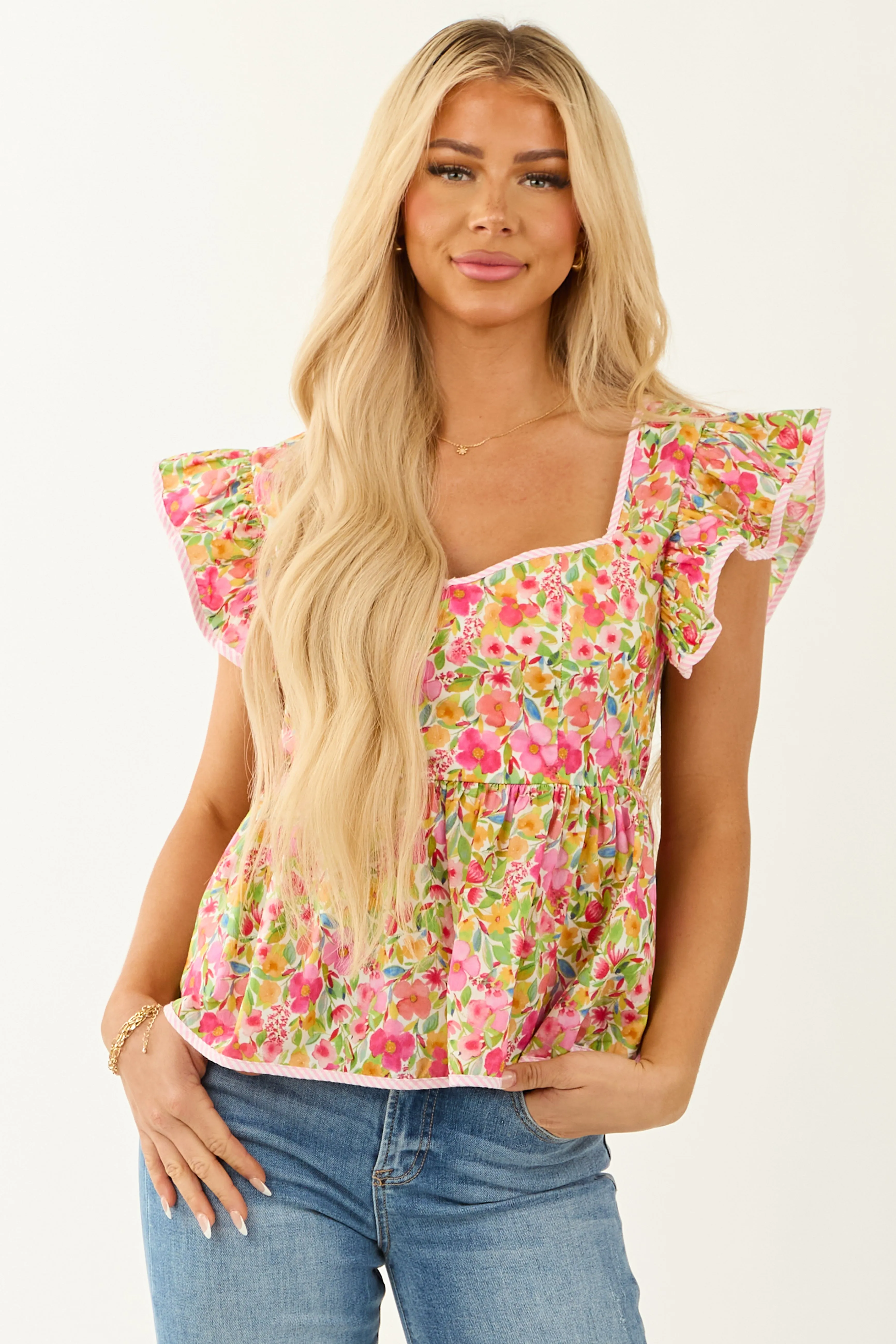 Punch Floral Print Sweetheart Neck Cap Sleeve Top sold by Lime Lush