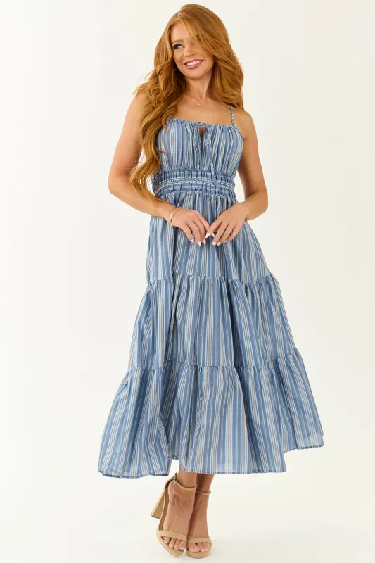 Flying Tomato Dusty Blue Striped Tiered Midi Dress made by Flying Tomato