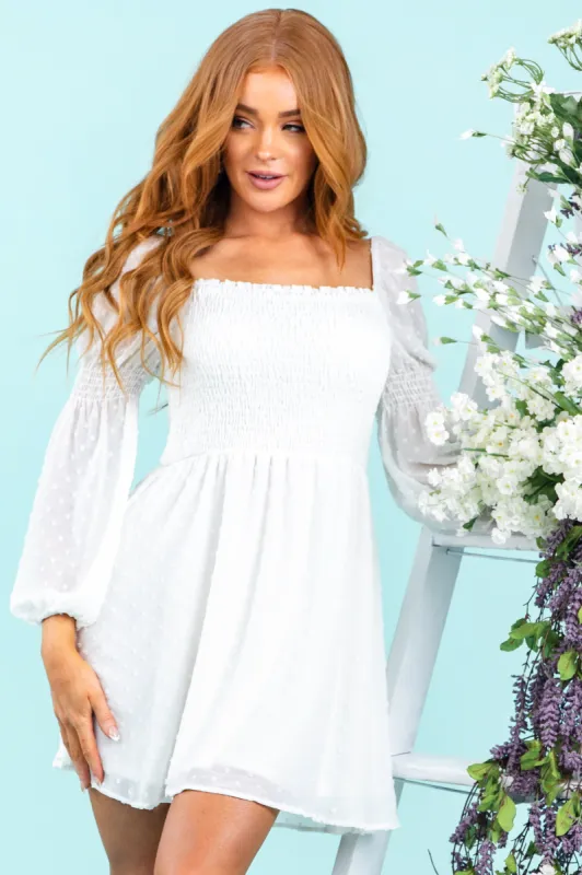 Off White Swiss Dot Long Sleeve Smocked Dress sold by Lime Lush