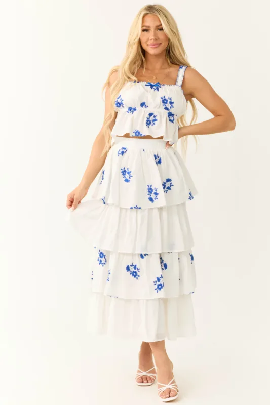 White and Cobalt Floral Embroidered Skirt sold by Lime Lush