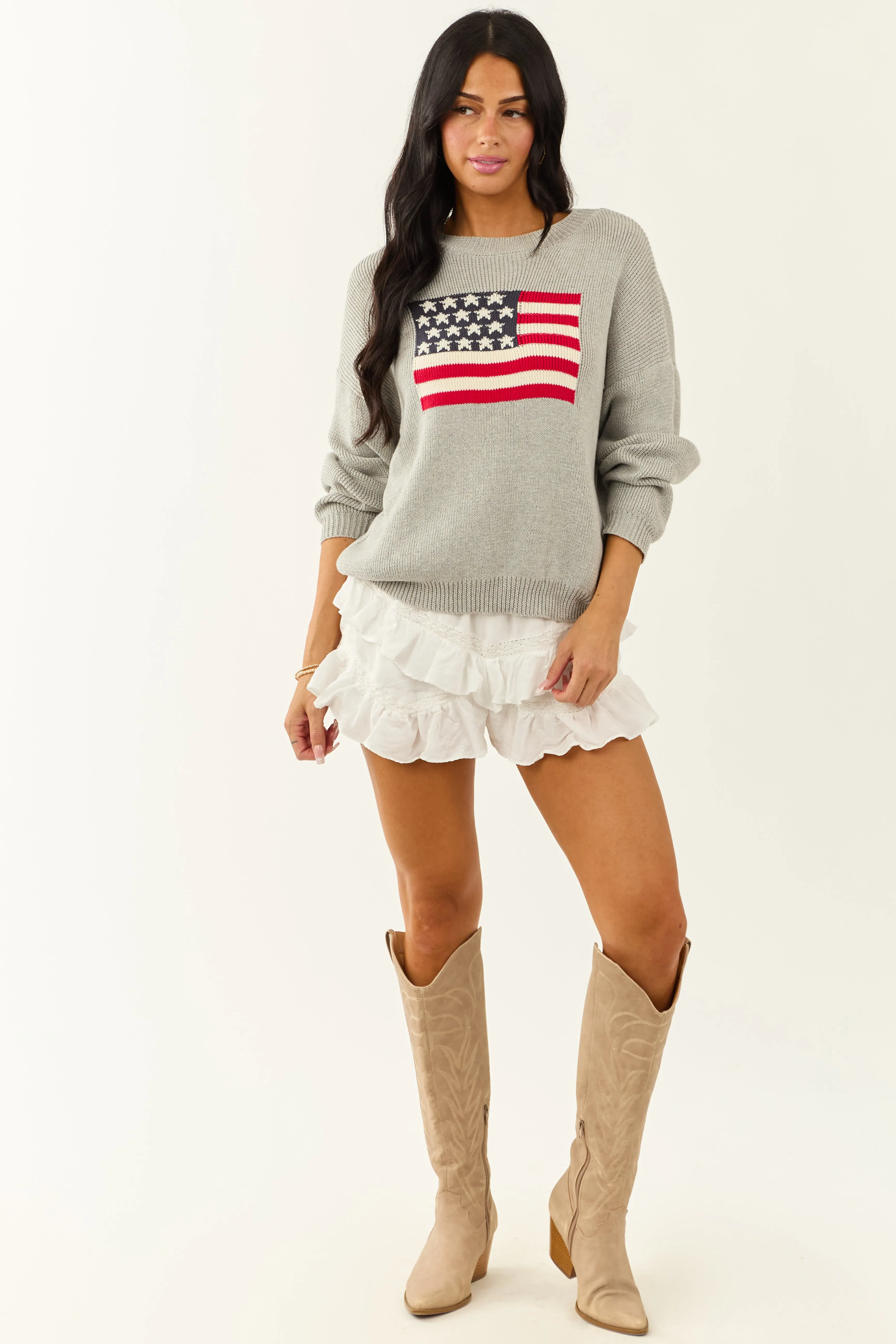 Heather Grey American Flag Cotton Knit Sweater sold by Lime Lush product image thumbnail 3