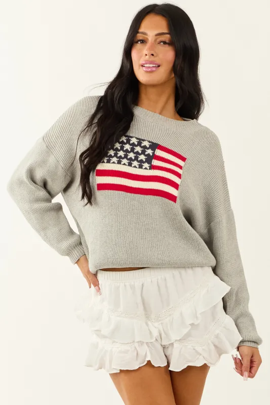 Heather Grey American Flag Cotton Knit Sweater sold by Lime Lush