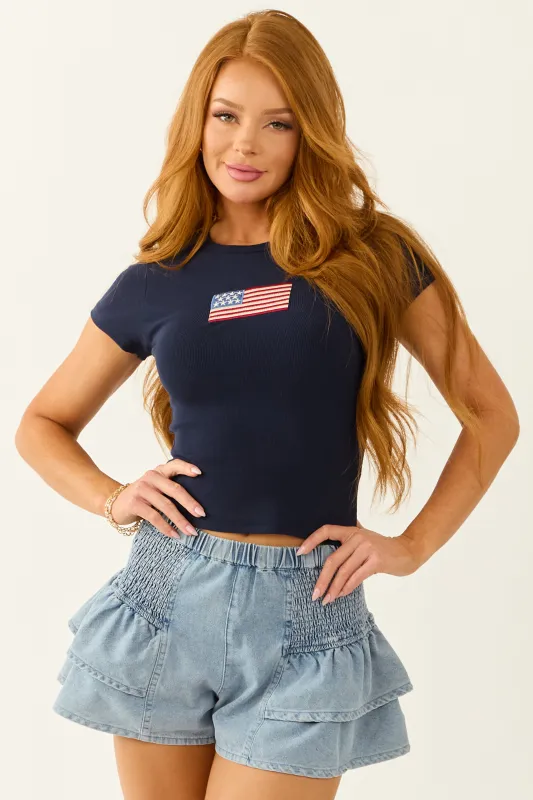 Navy American Flag Embroidered Short Sleeve Knit Top sold by Lime Lush