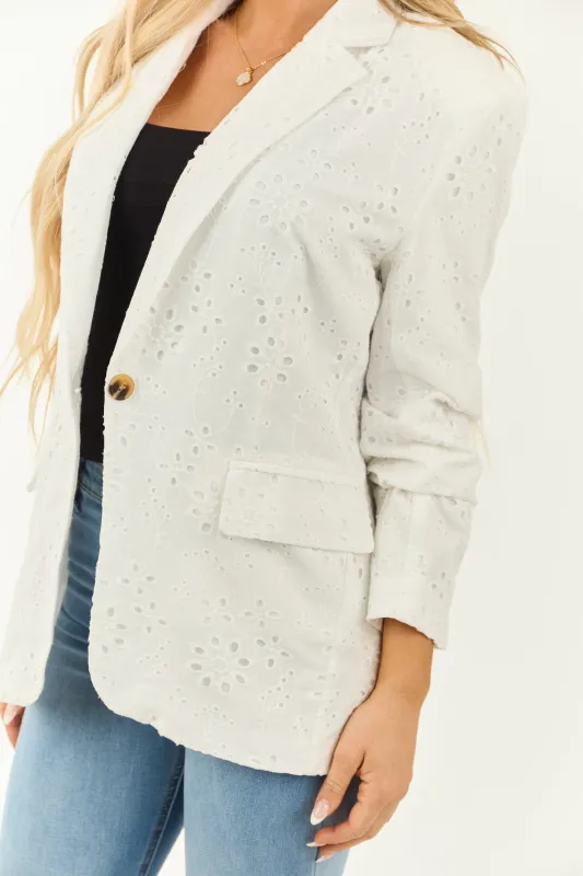 Off White Eyelet Lace Front Button Blazer sold by Lime Lush