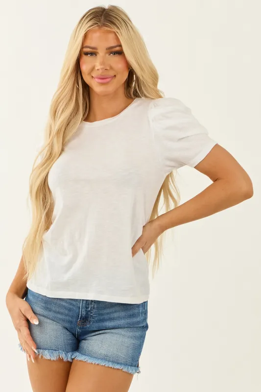 Off White Round Neck Ruched Short Sleeve Top sold by Lime Lush
