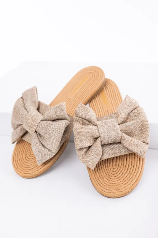 Sand Woven Bow Slide On Sandals sold by Lime Lush