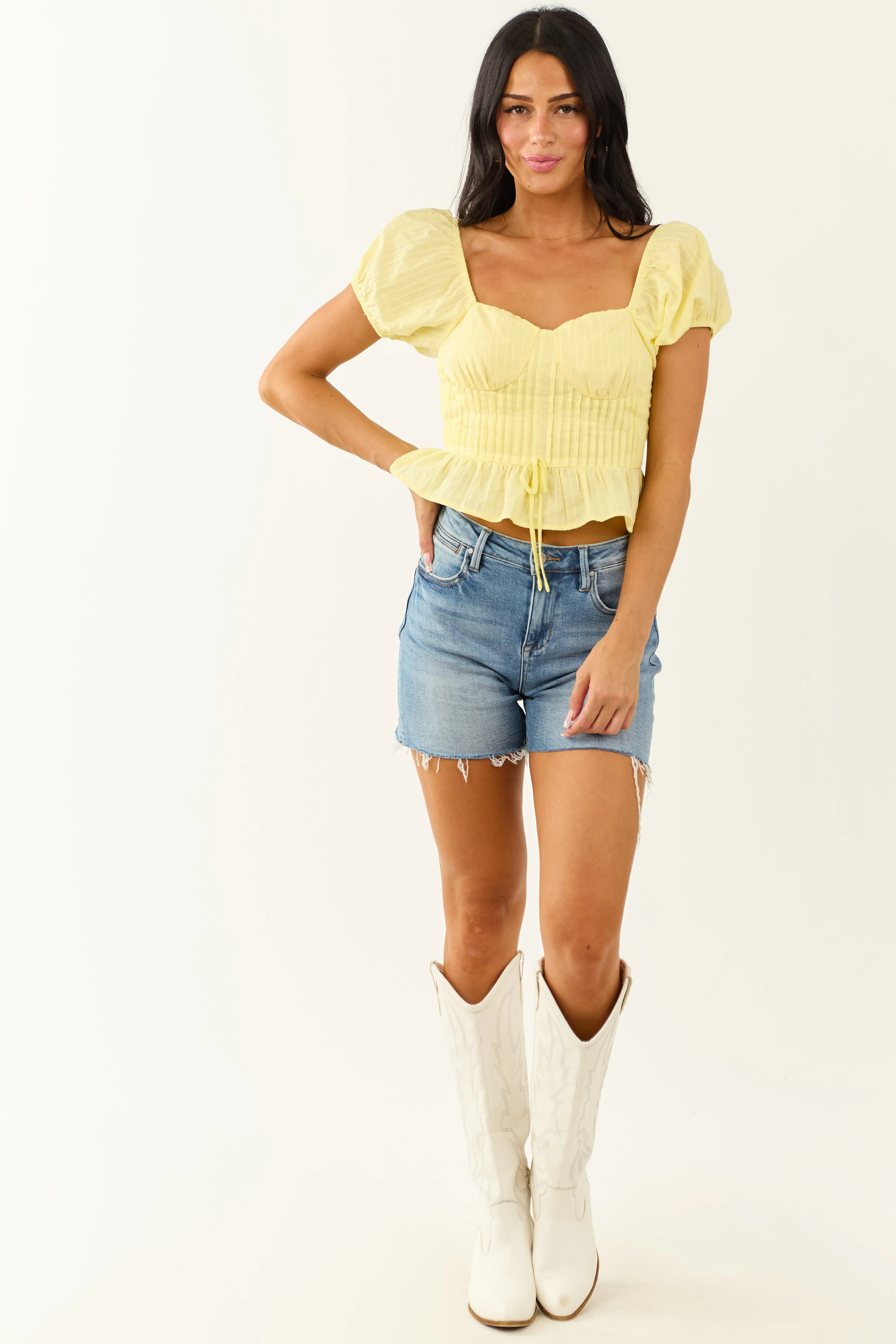 Lemon Pintuck Puff Sleeve Cotton Crop Peplum Top sold by Lime Lush product image thumbnail 3