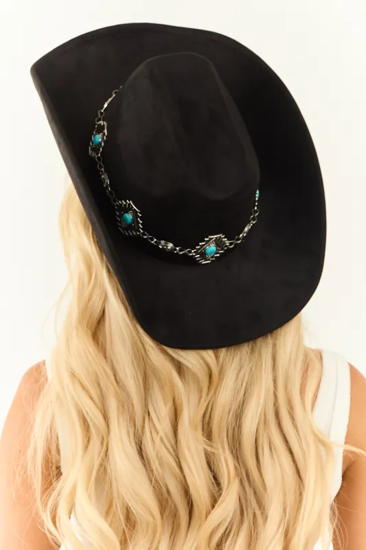 Black Faux Suede Cowboy Hat with Silver Concho Band sold by Lime Lush