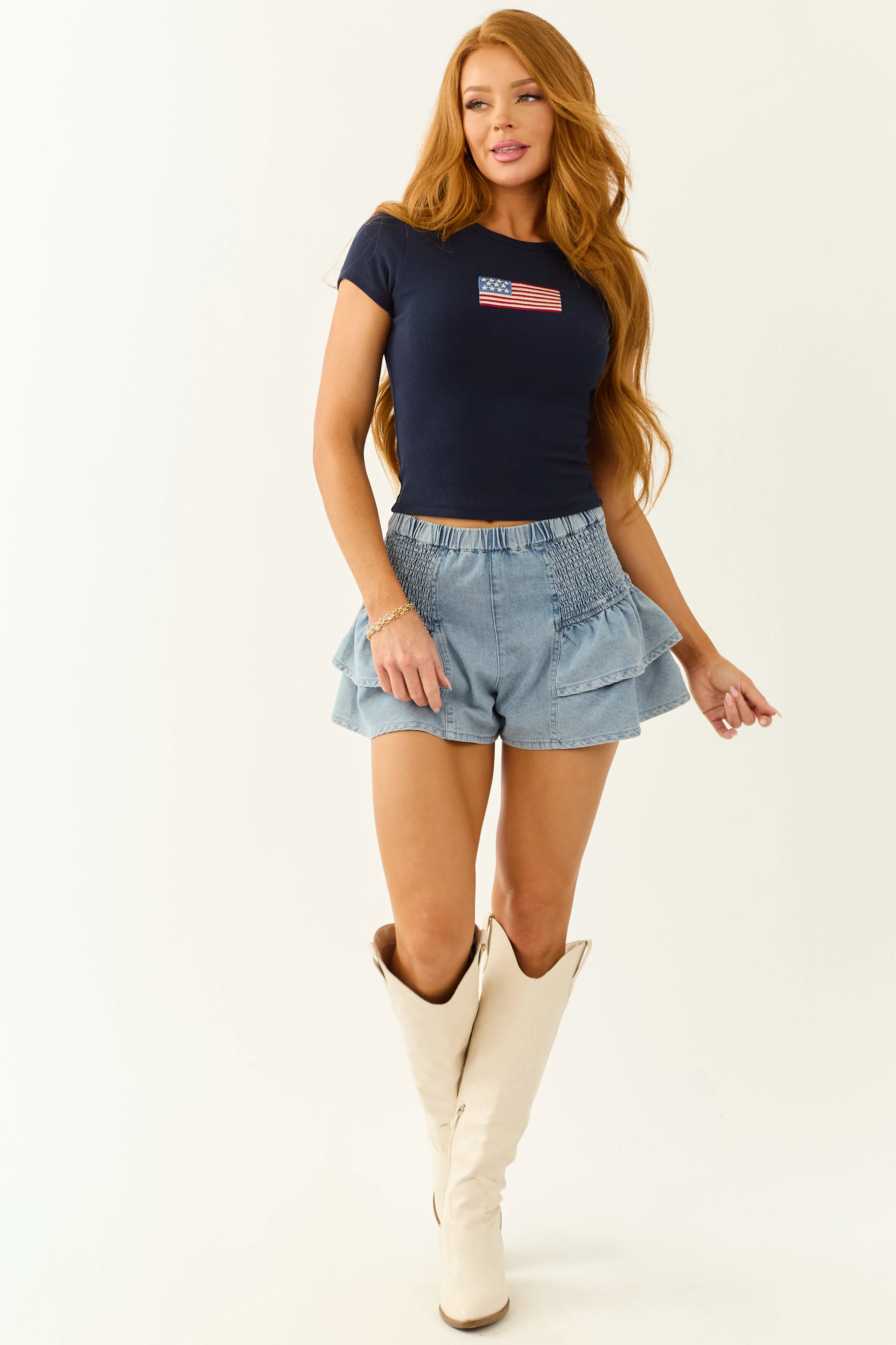 Medium Wash Denim Smocked Tiered Ruffle Shorts sold by Lime Lush product image thumbnail 5