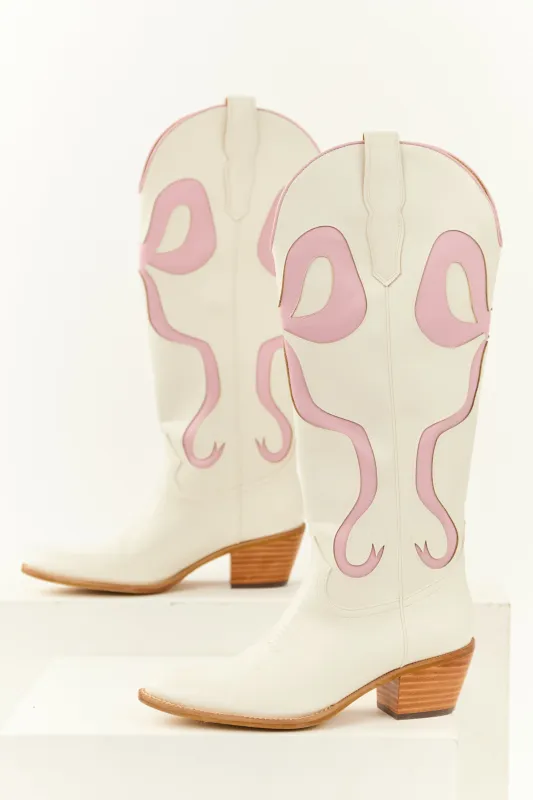 Ivory Bow Detail Knee High Western Heel Boots sold by Lime Lush