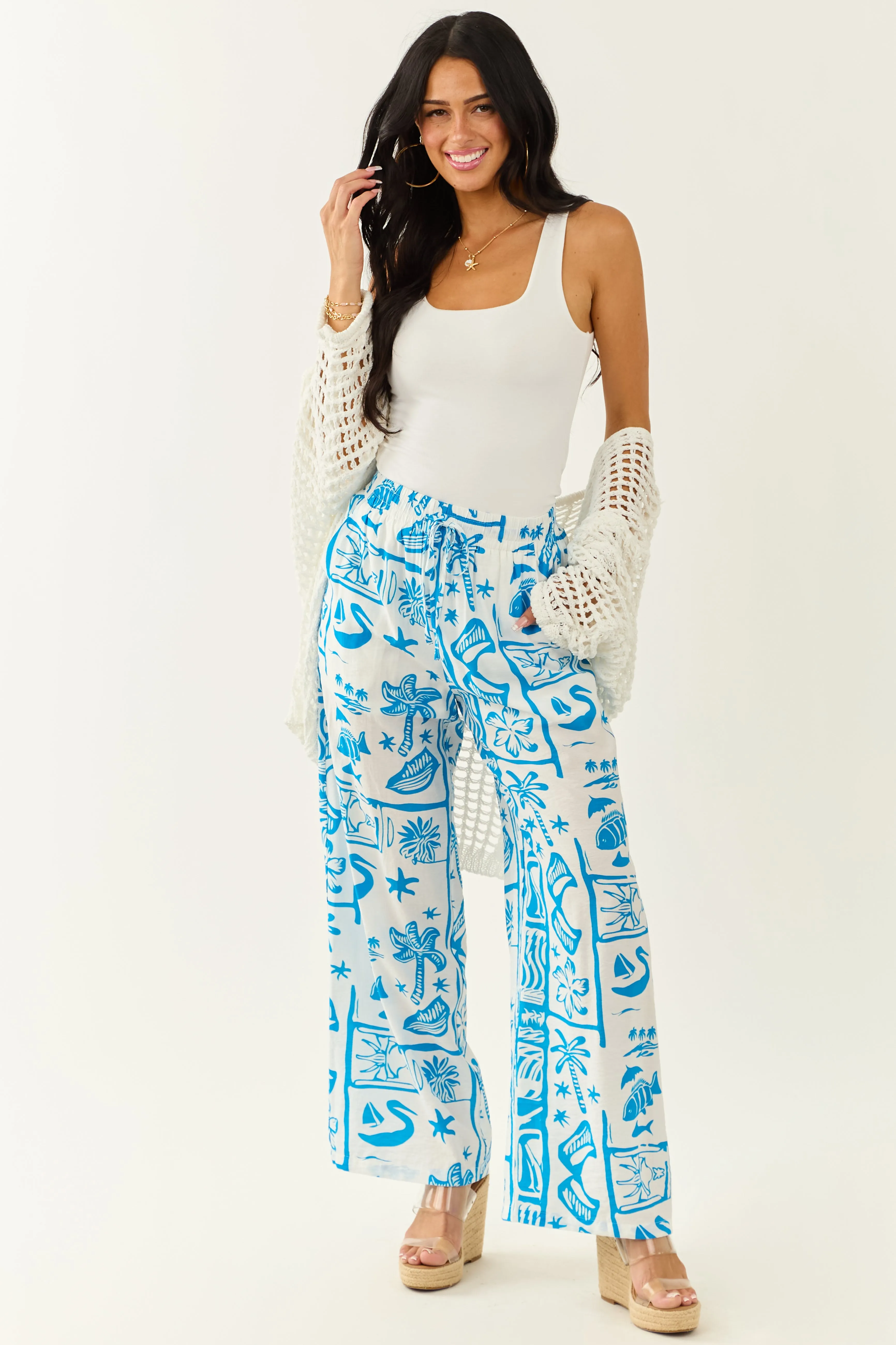 Entro Azure Abstract Beach Pattern Wide Leg Pants sold by Lime Lush
