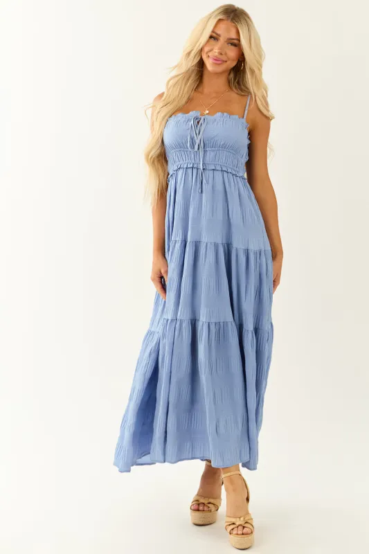 Cornflower Sleeveless Tiered Textured Maxi Dress sold by Lime Lush