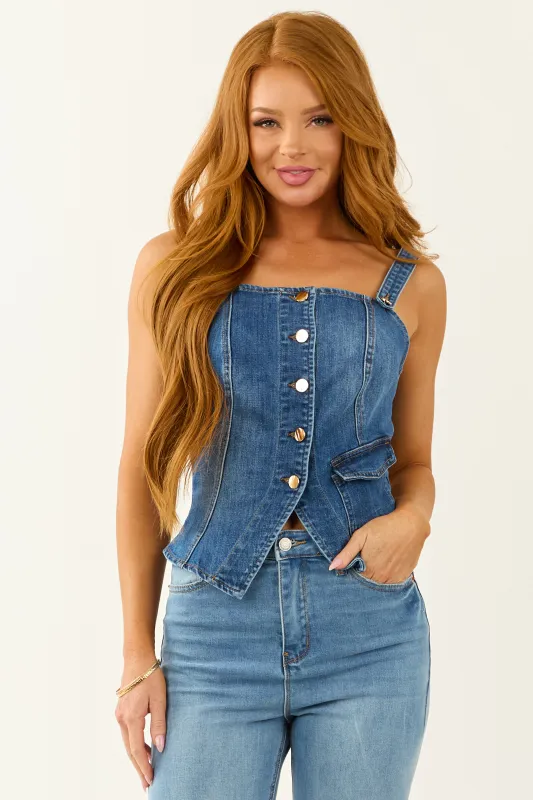 Listicle Medium Wash Denim Button Up Tank Top sold by Lime Lush
