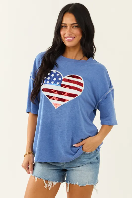 Dusty Blue Sequined Heart Flag Half Sleeve Knit Top sold by Lime Lush