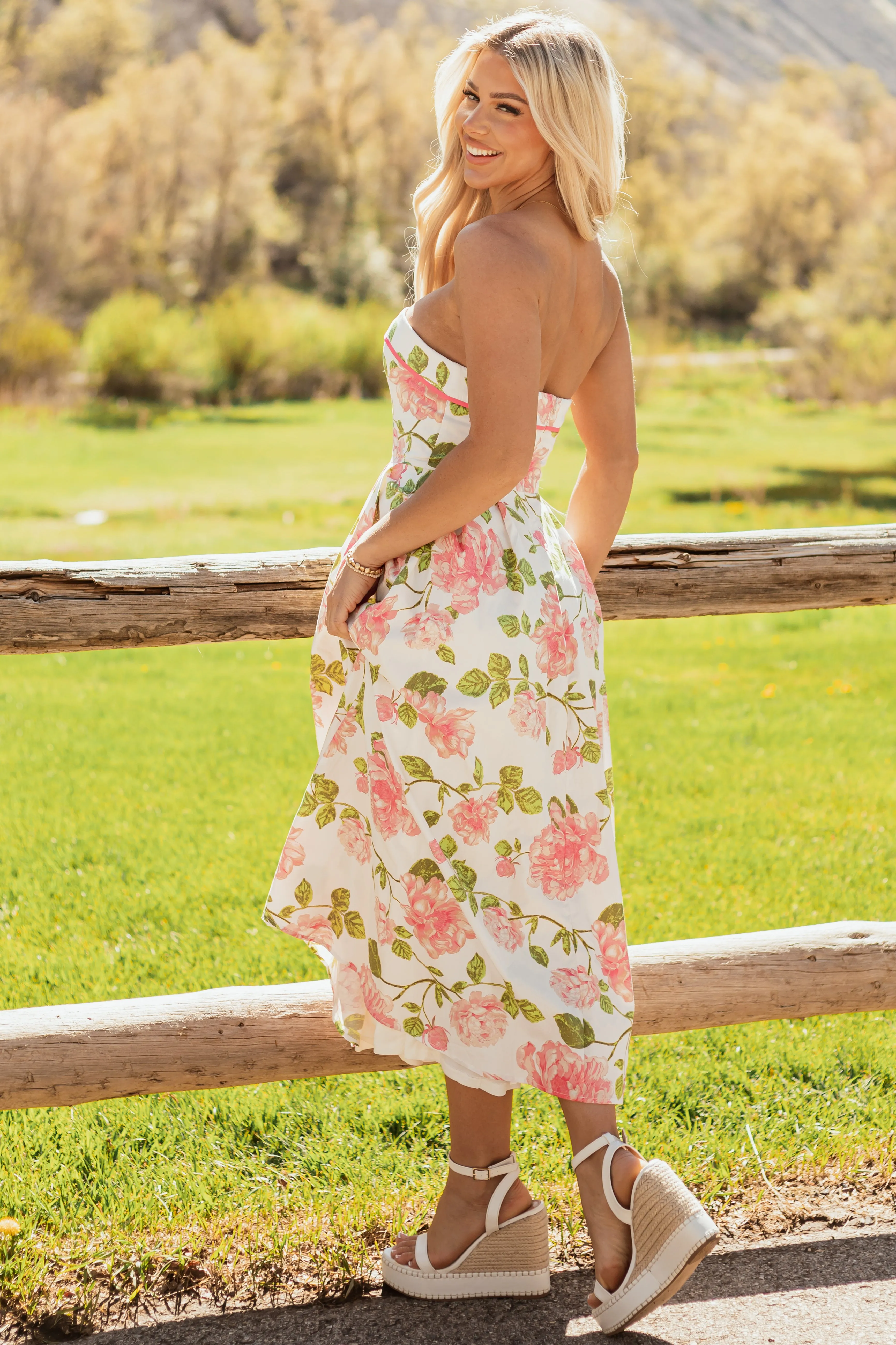 Flying Tomato Ivory Floral Cotton Strapless Midi Dress sold by Lime Lush product image thumbnail 4