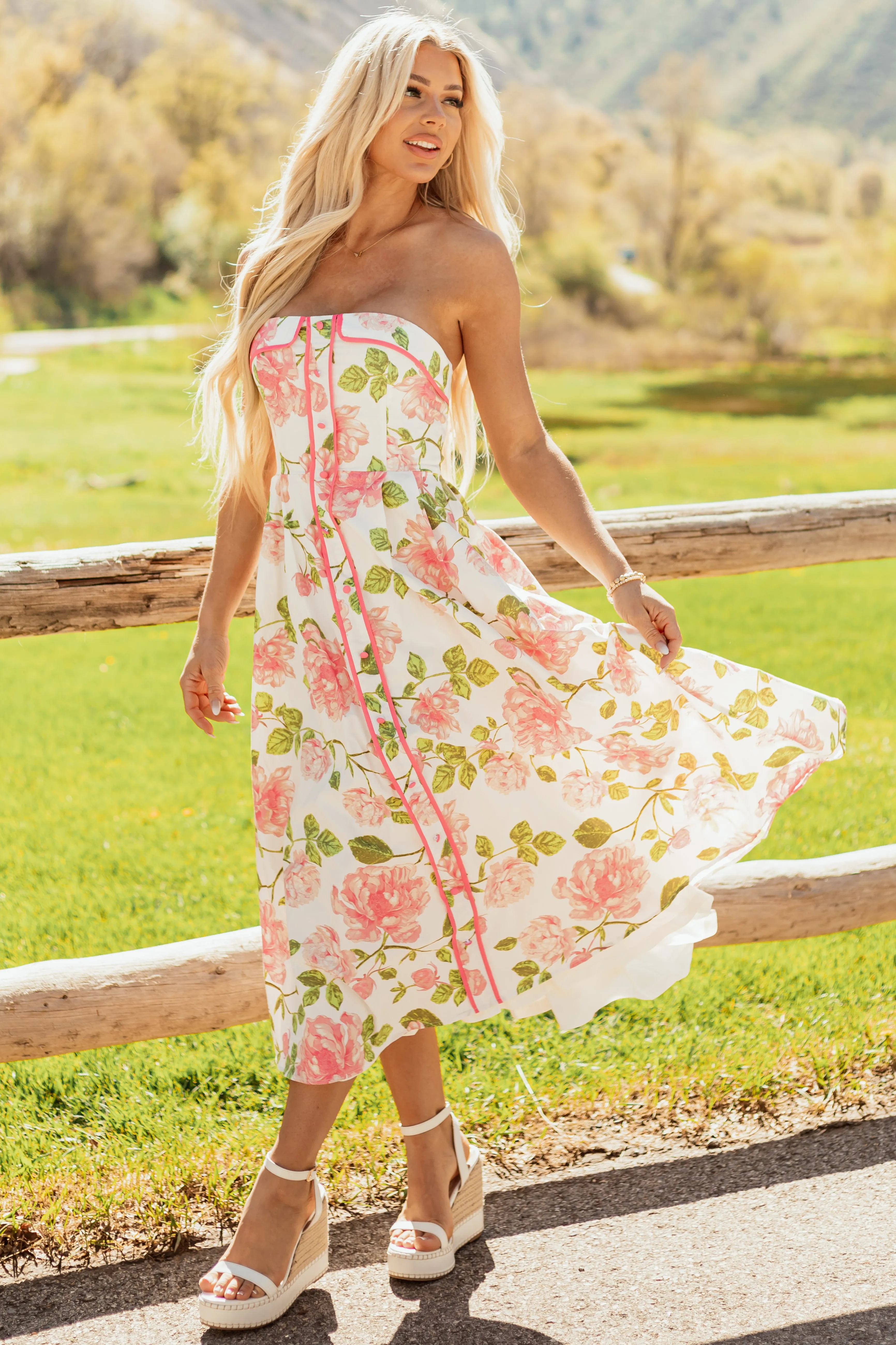 Flying Tomato Ivory Floral Cotton Strapless Midi Dress sold by Lime Lush product image thumbnail 3