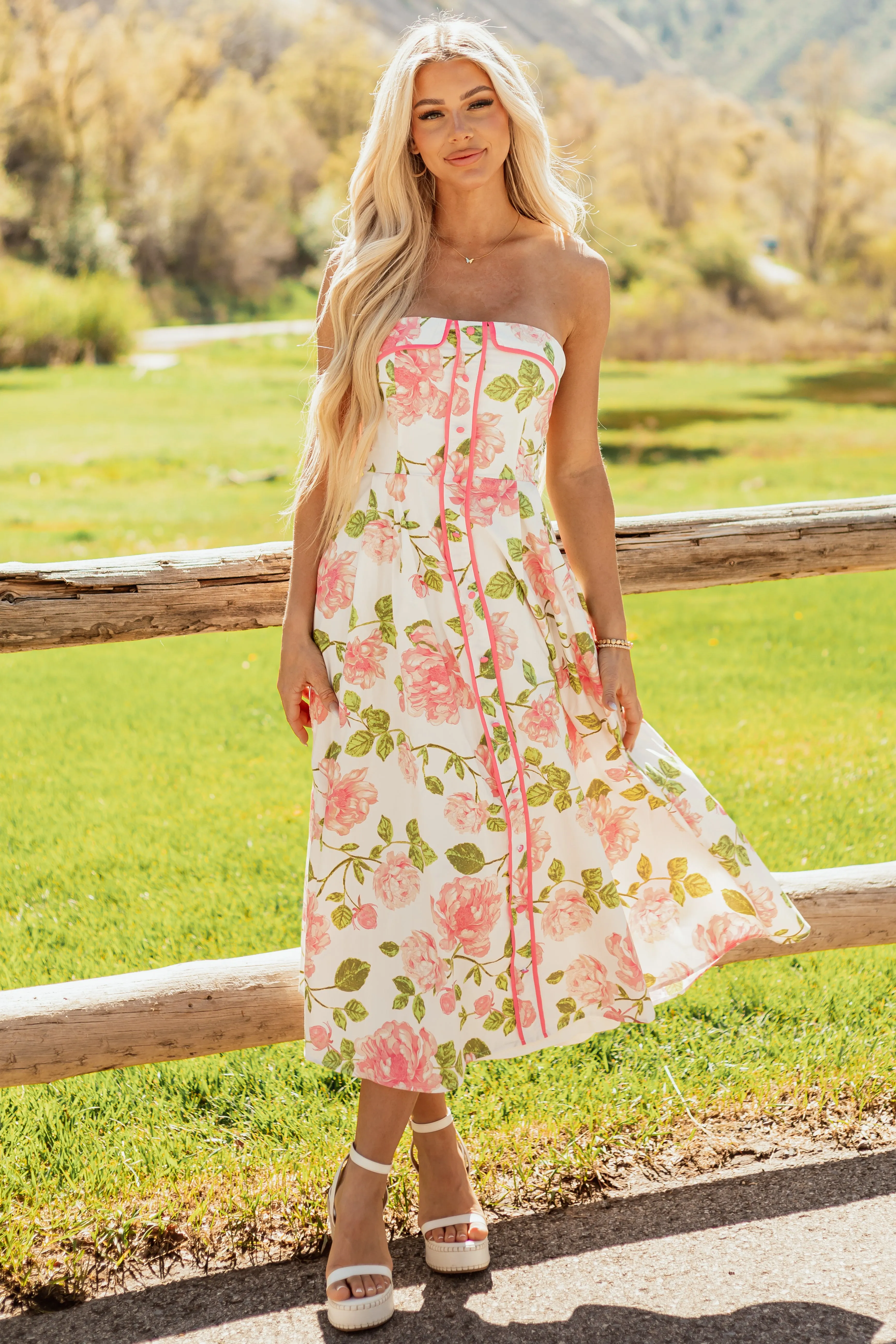 Flying Tomato Ivory Floral Cotton Strapless Midi Dress sold by Lime Lush product image thumbnail 2
