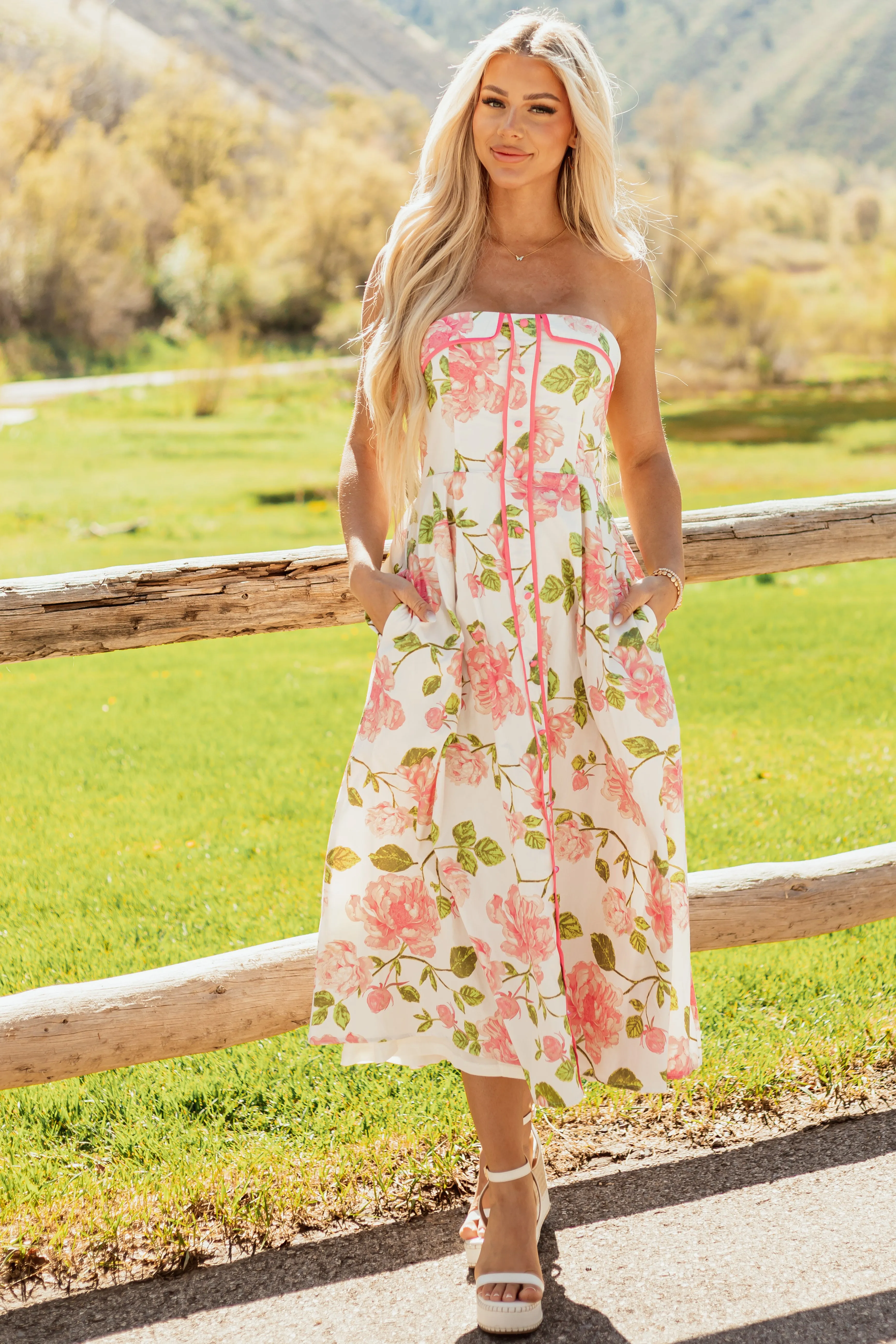 Flying Tomato Ivory Floral Cotton Strapless Midi Dress sold by Lime Lush