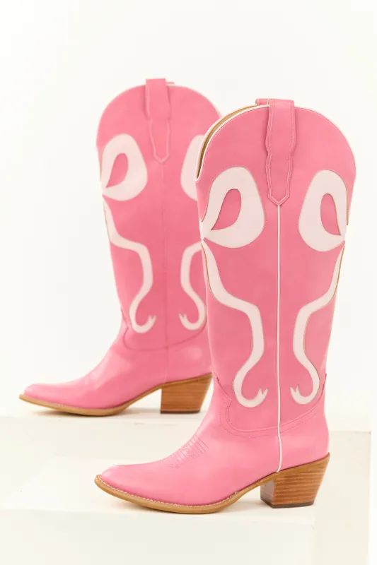 Bubblegum Bow Detail Knee High Western Heel Boots sold by Lime Lush