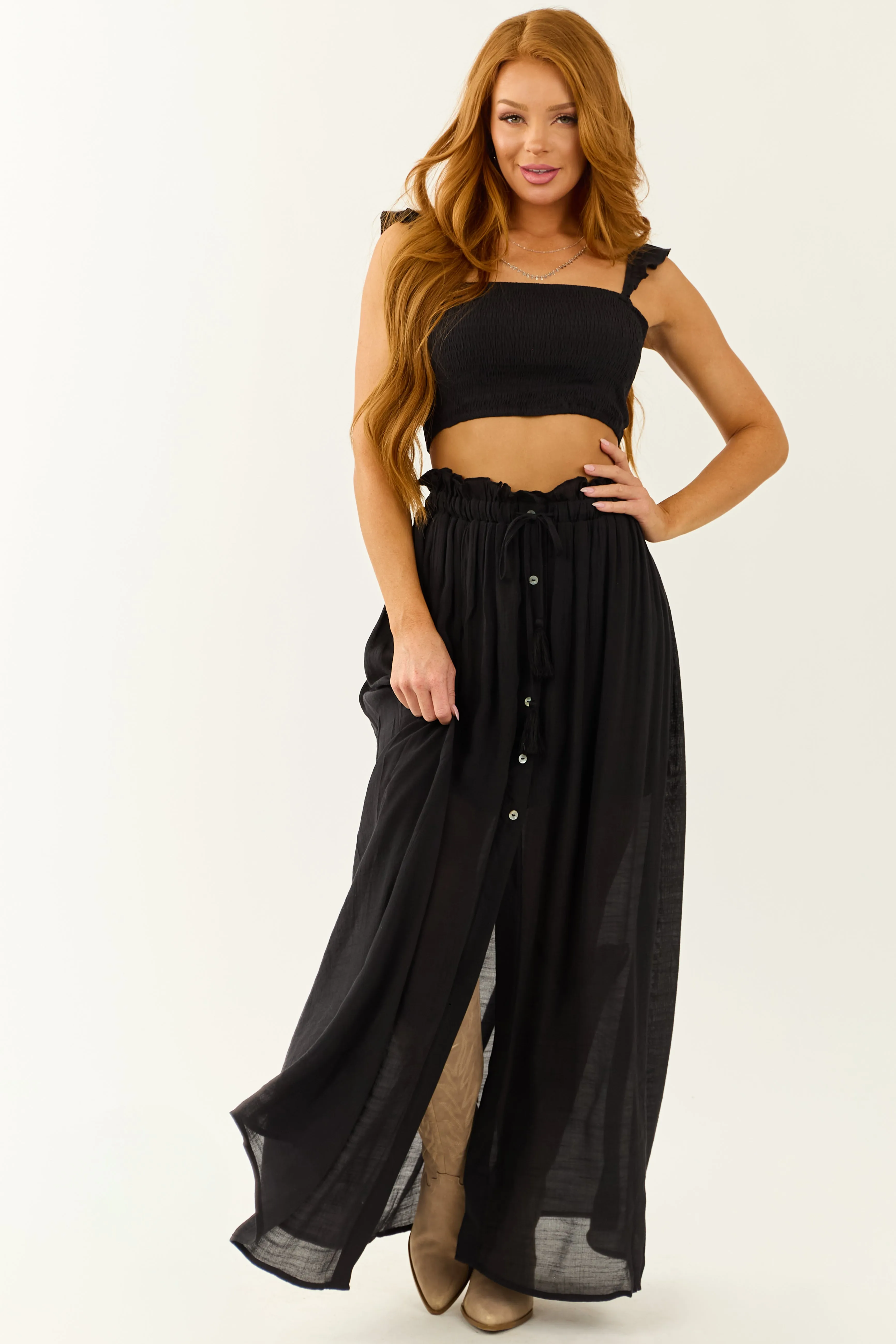 Black Ruffle Strap Crop Top and Maxi Skirt Set sold by Lime Lush product image thumbnail 3