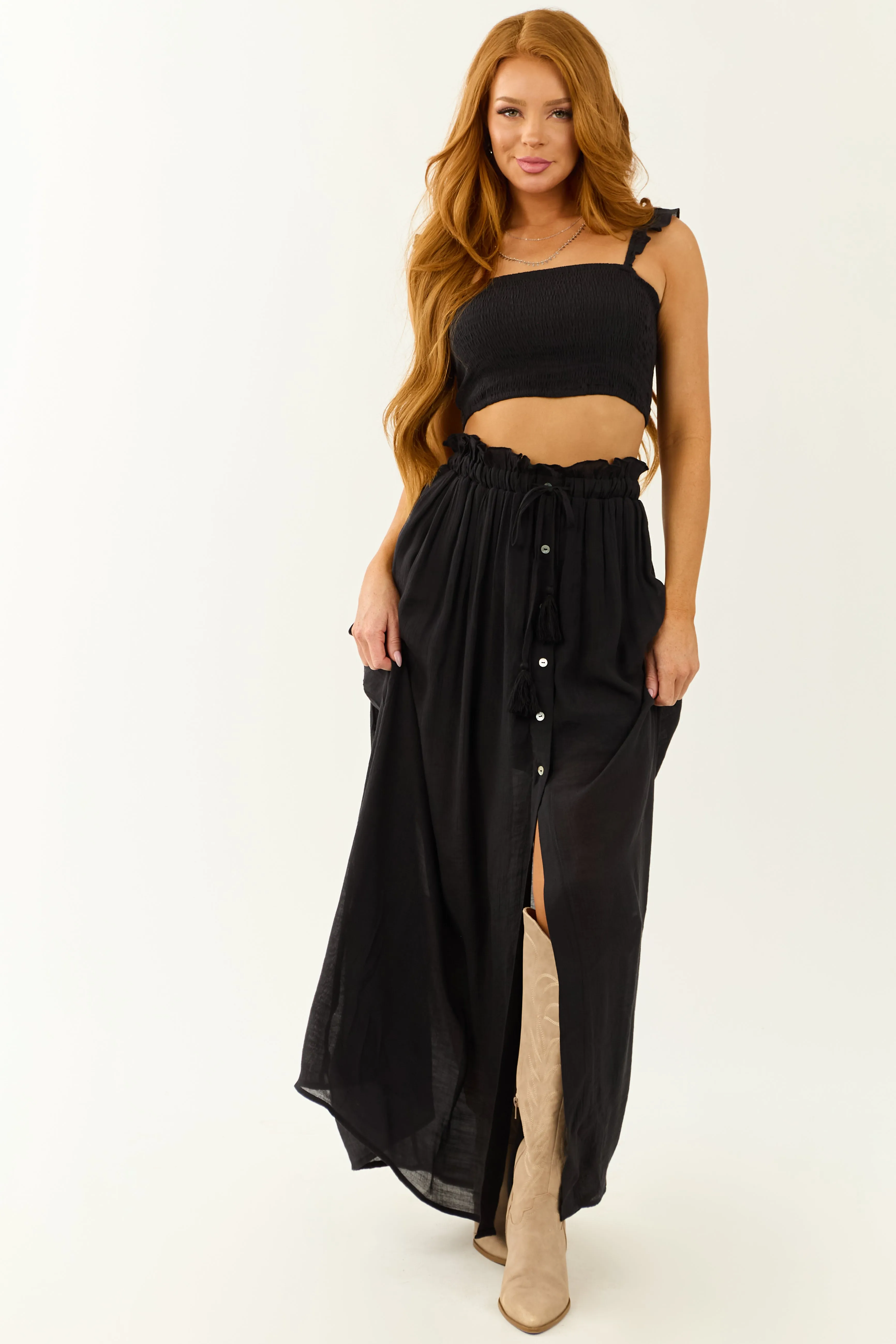 Black Ruffle Strap Crop Top and Maxi Skirt Set sold by Lime Lush