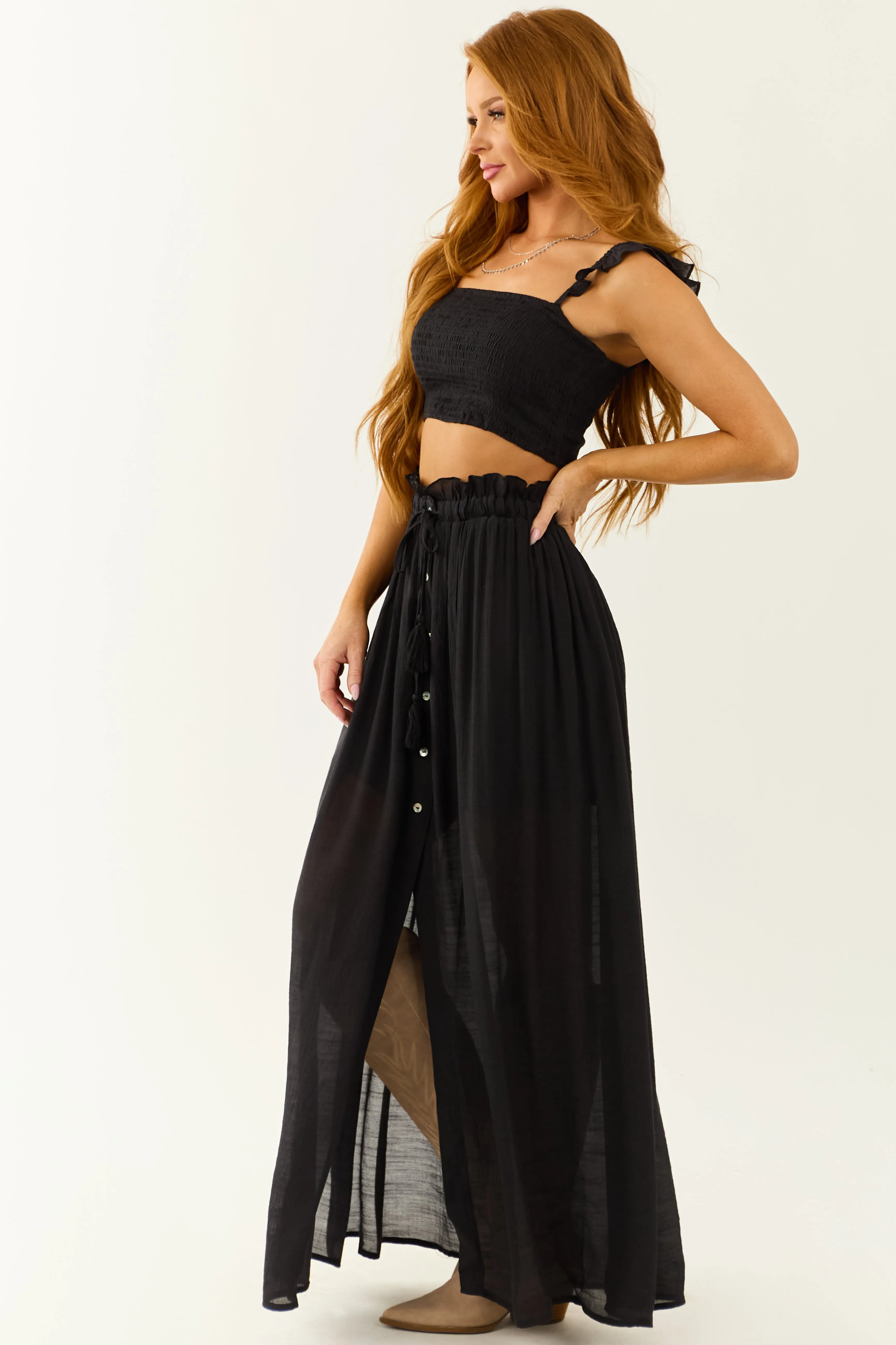 Black Ruffle Strap Crop Top and Maxi Skirt Set sold by Lime Lush product image thumbnail 5