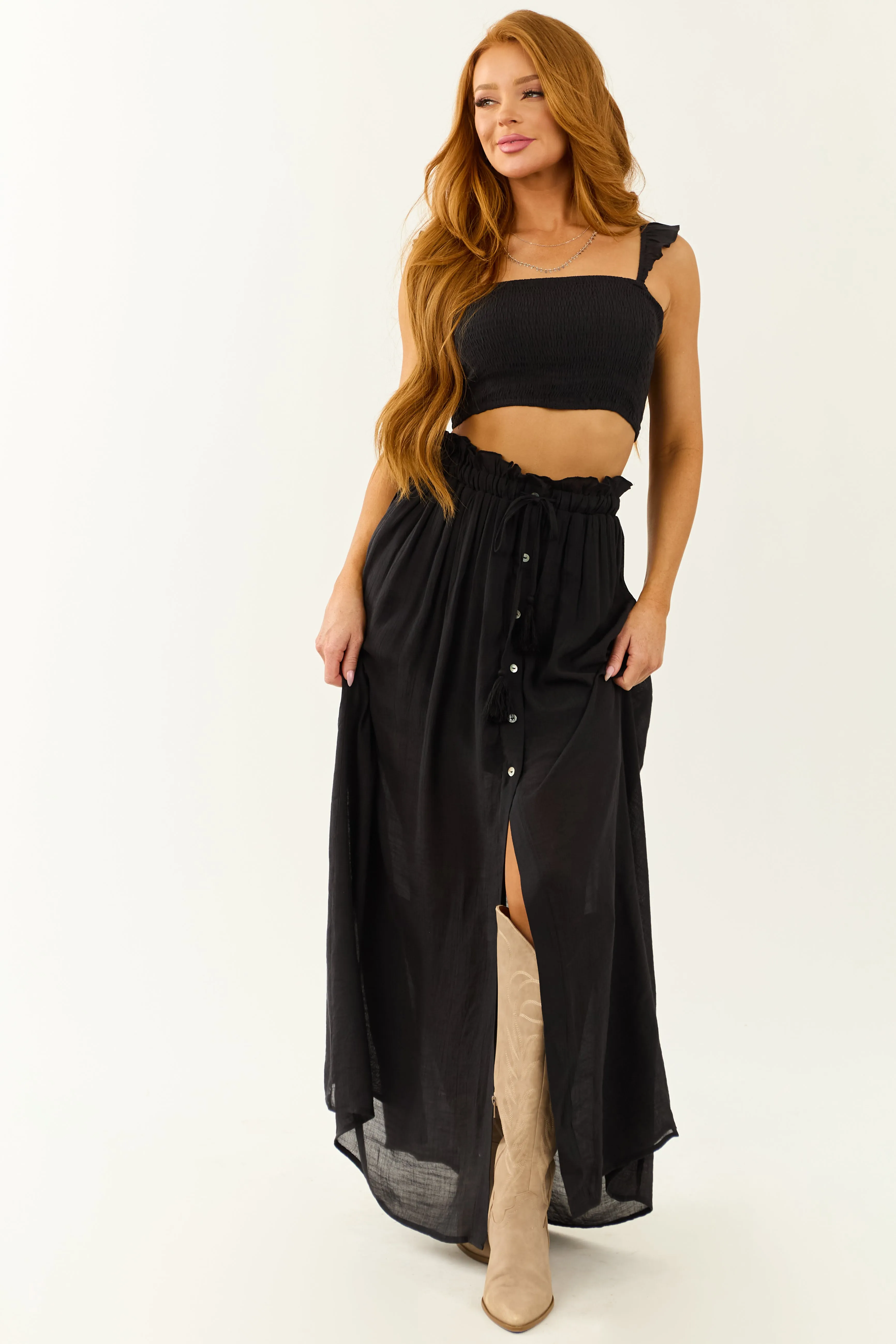 Black Ruffle Strap Crop Top and Maxi Skirt Set sold by Lime Lush product image thumbnail 2