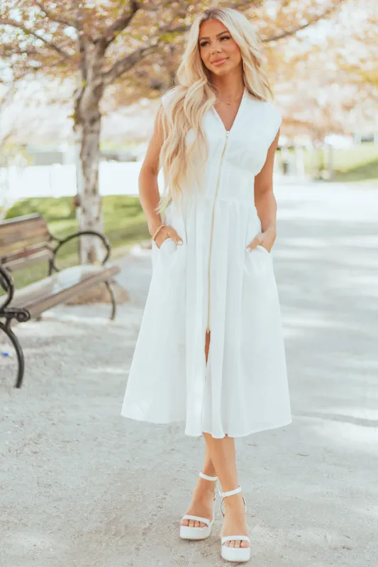 Entro Ivory Sleeveless Zipper Front Midi Dress made by entro