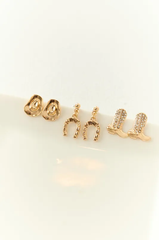 Gold Metallic Western 3 Pack Stud Earrings sold by Lime Lush