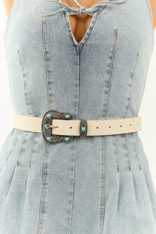 Champagne Faux Leather Turquoise Studded Buckle Belt sold by Lime Lush