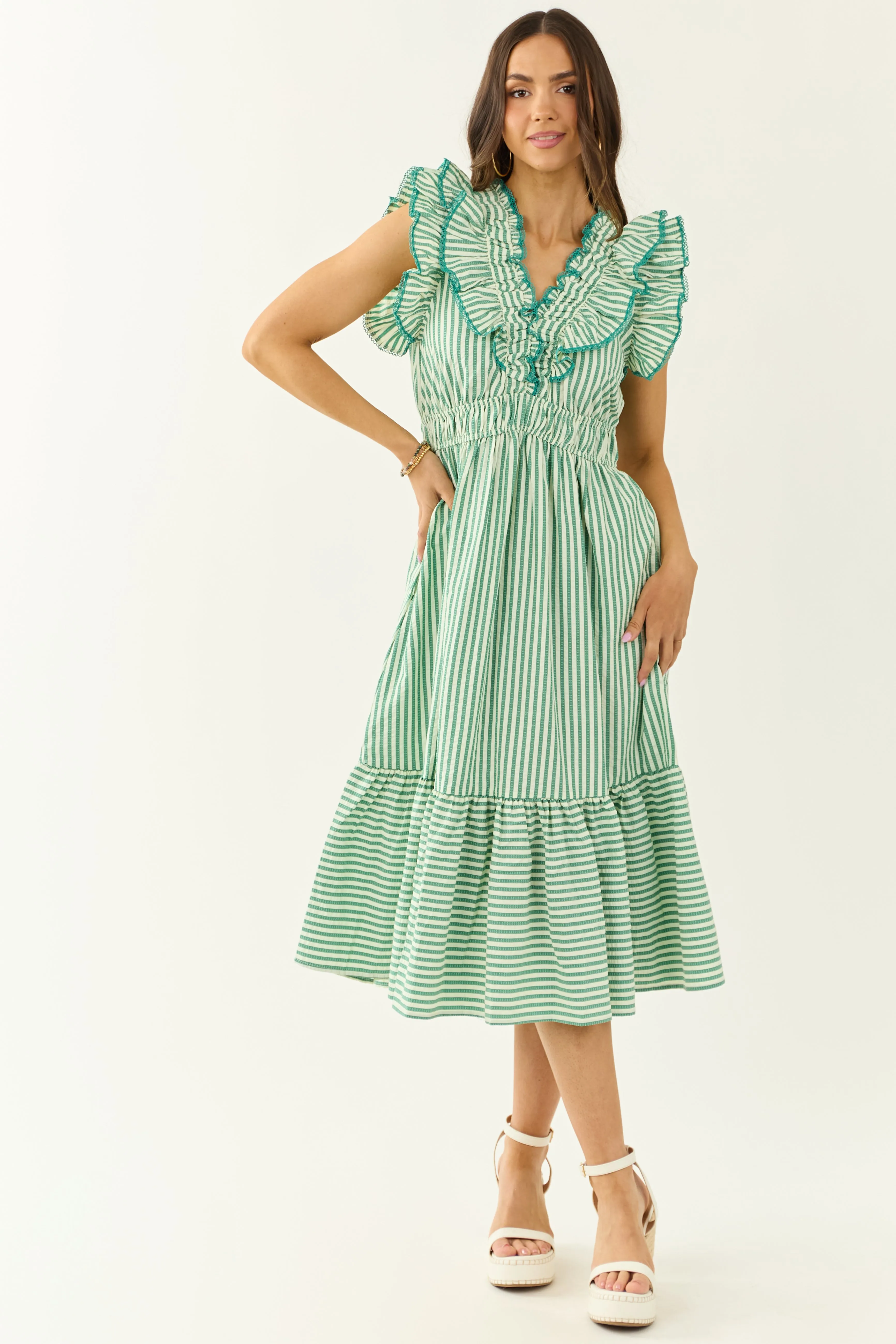 Pine and Mint Striped Ruffle Cap Sleeve Midi Dress sold by Lime Lush product image thumbnail 2