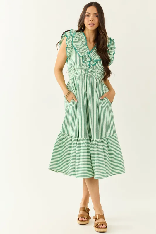 Pine and Mint Striped Ruffle Cap Sleeve Midi Dress sold by Lime Lush