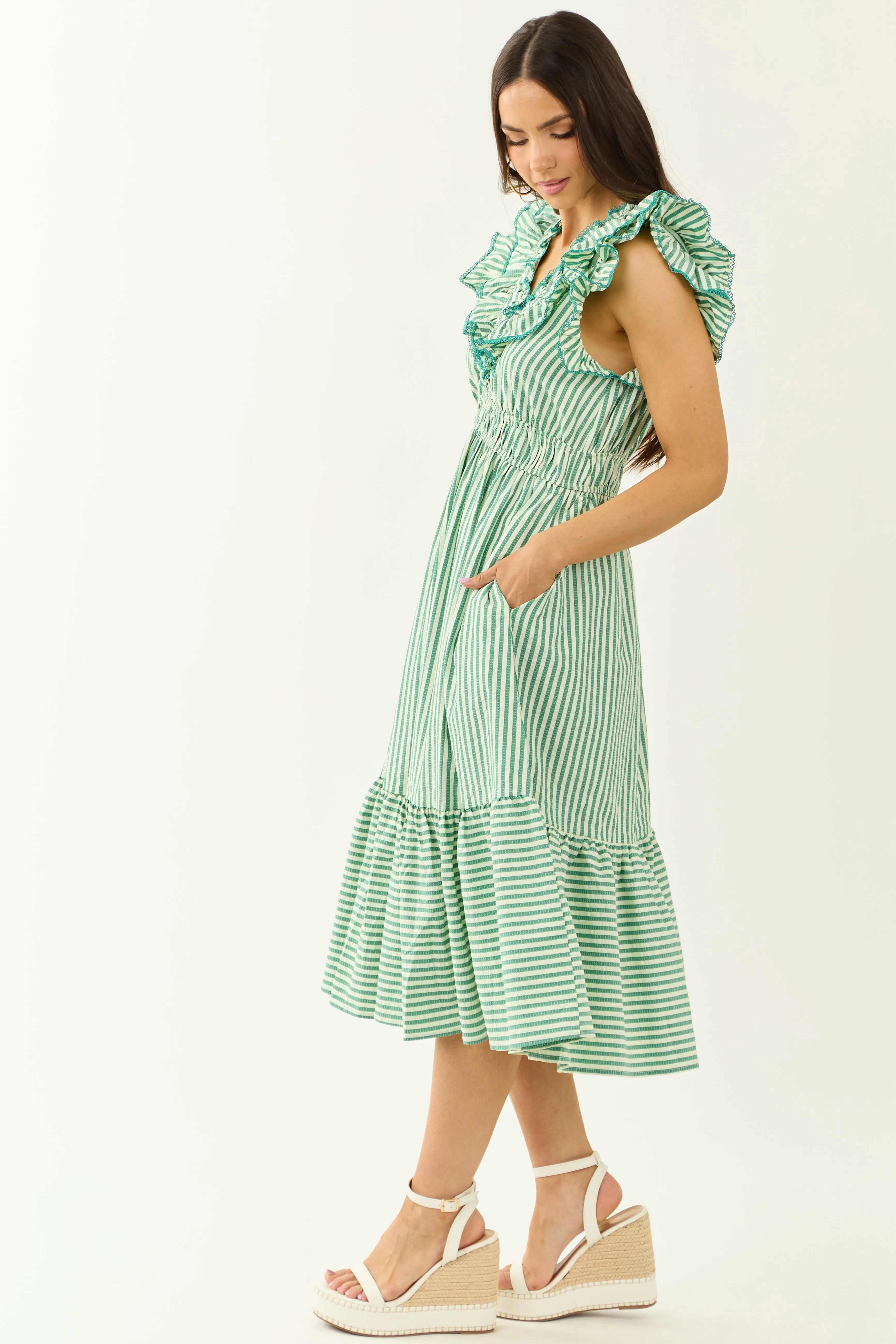 Pine and Mint Striped Ruffle Cap Sleeve Midi Dress sold by Lime Lush product image thumbnail 4
