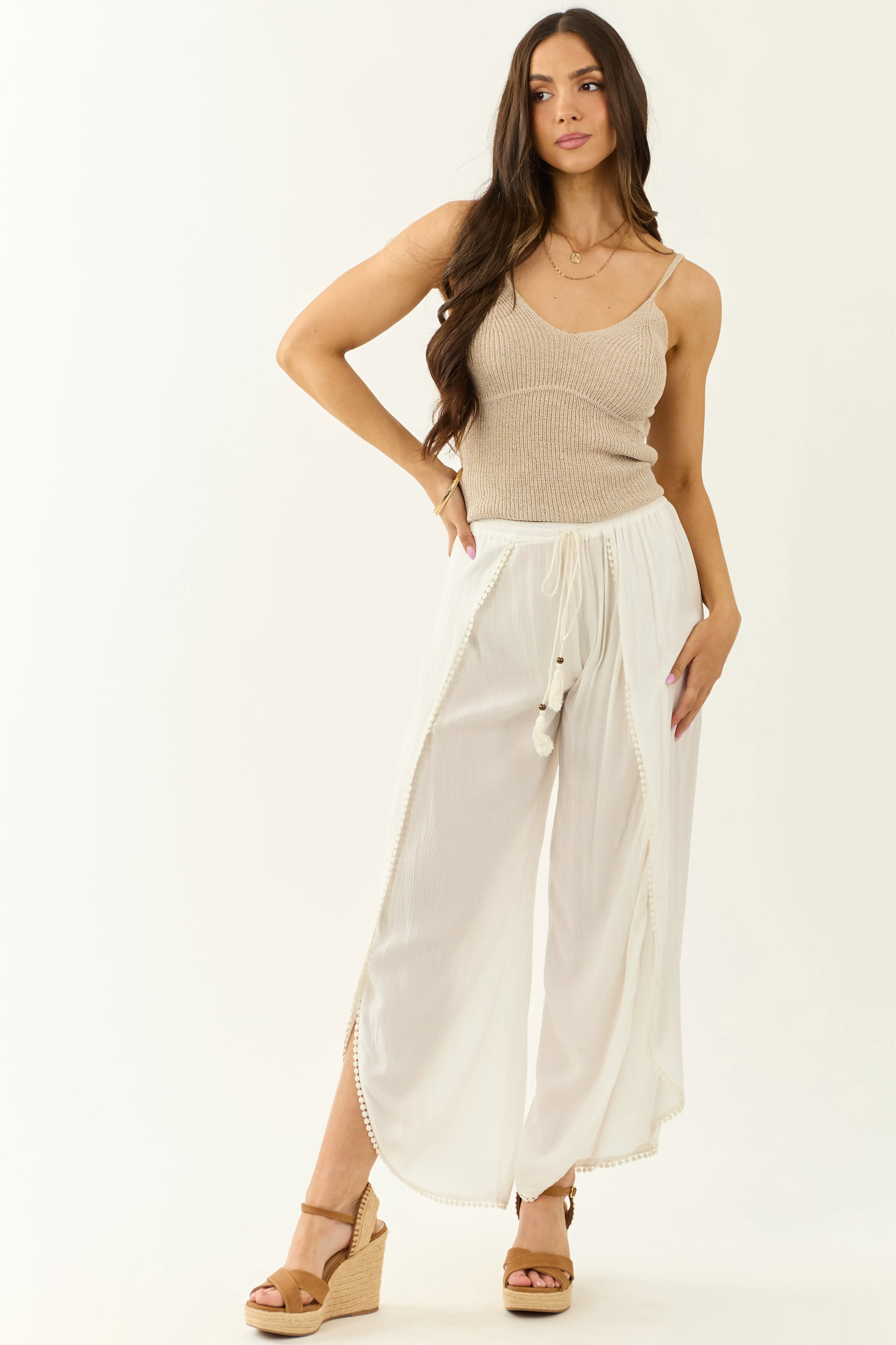 Off White Open Wrap Style Flowy Pants sold by Lime Lush