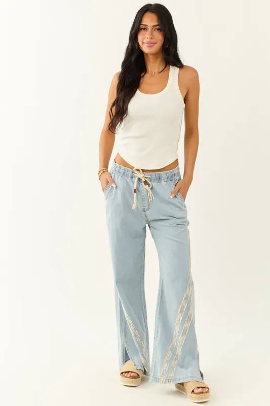 POL Light Wash Chambray Wide Leg Lace Detail Pants sold by Lime Lush