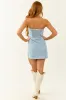 Light Wash Denim Floral Strapless Mini Dress sold by Lime Lush
