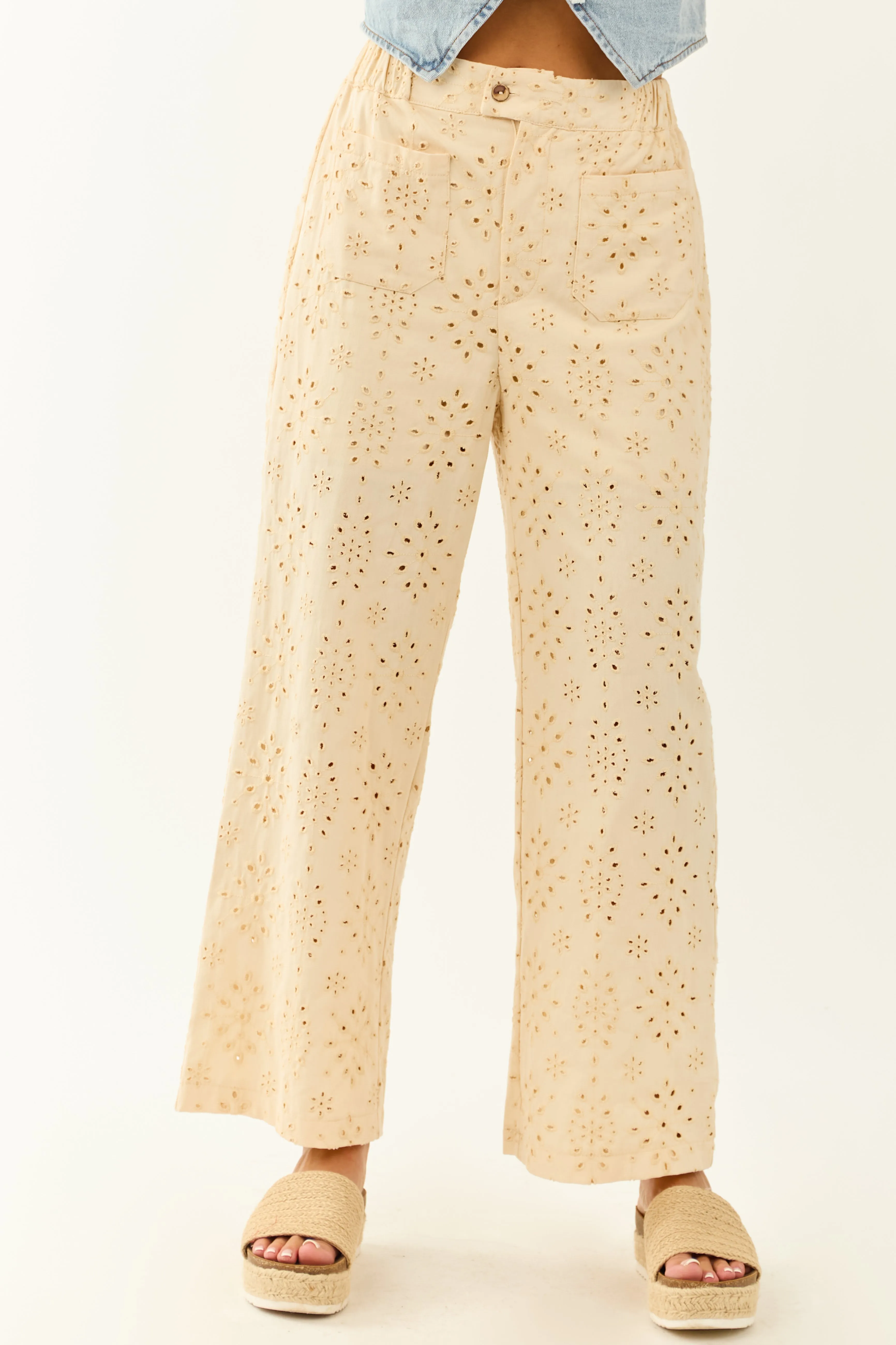 Lovelo Cream Eyelet Lace Straight Leg Cotton Pants sold by Lime Lush product image thumbnail 2