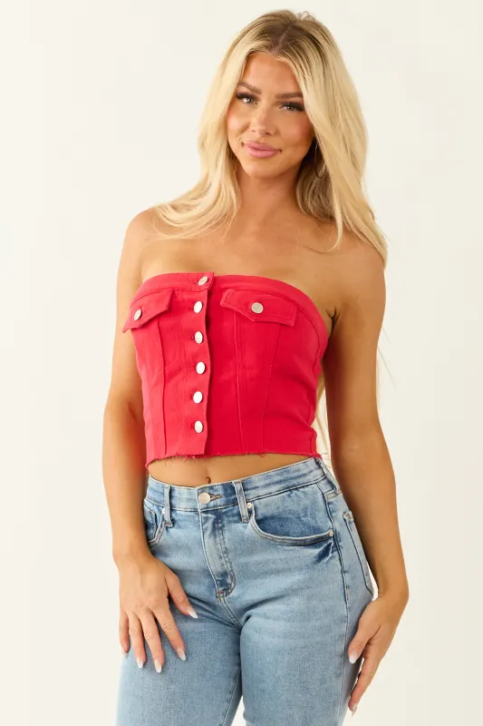 Crimson Denim Strapless Button Up Corset Top made by Papermoon