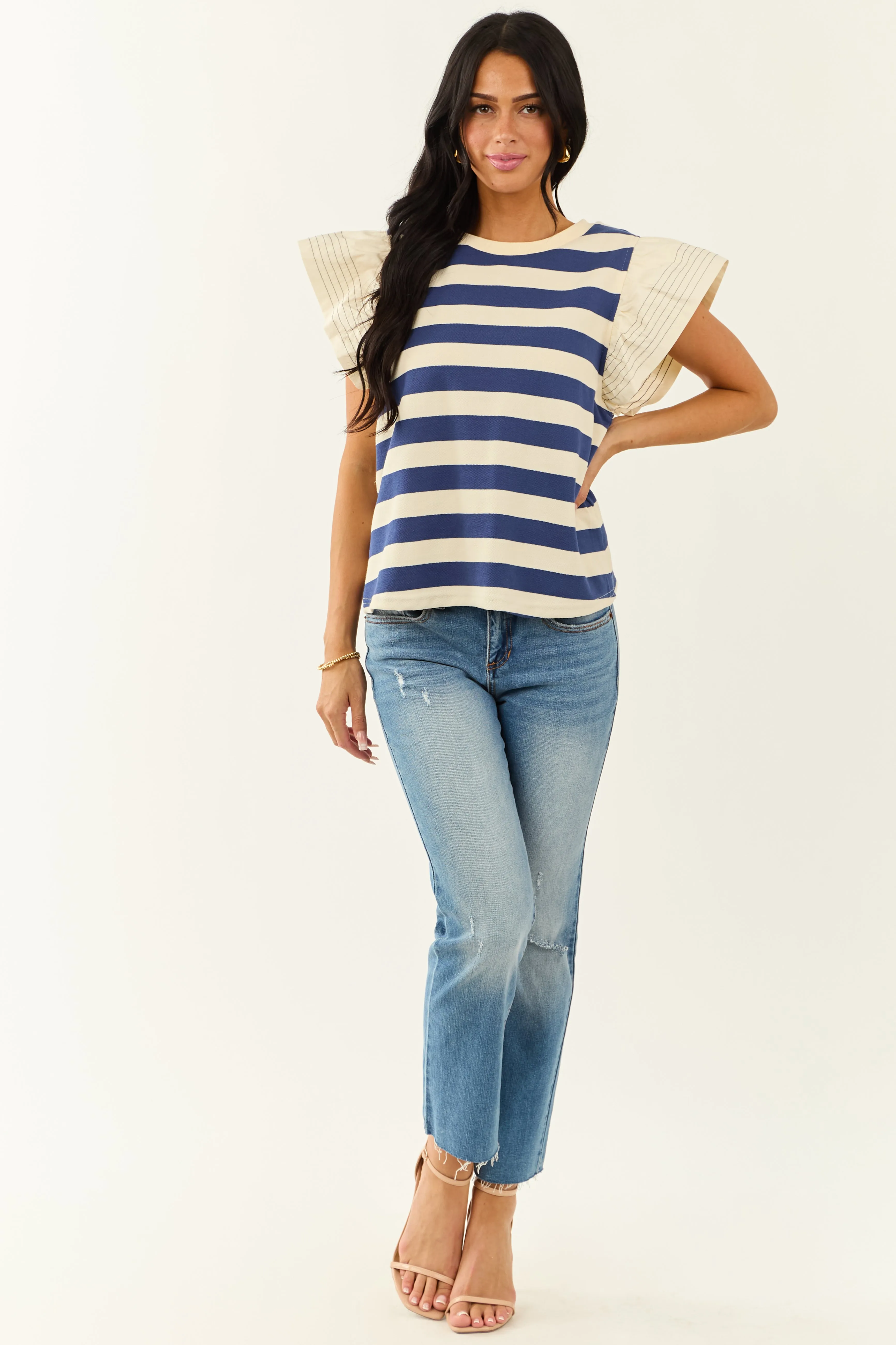 Navy and Cream Striped Ruffle Sleeve Top sold by Lime Lush product image thumbnail 3
