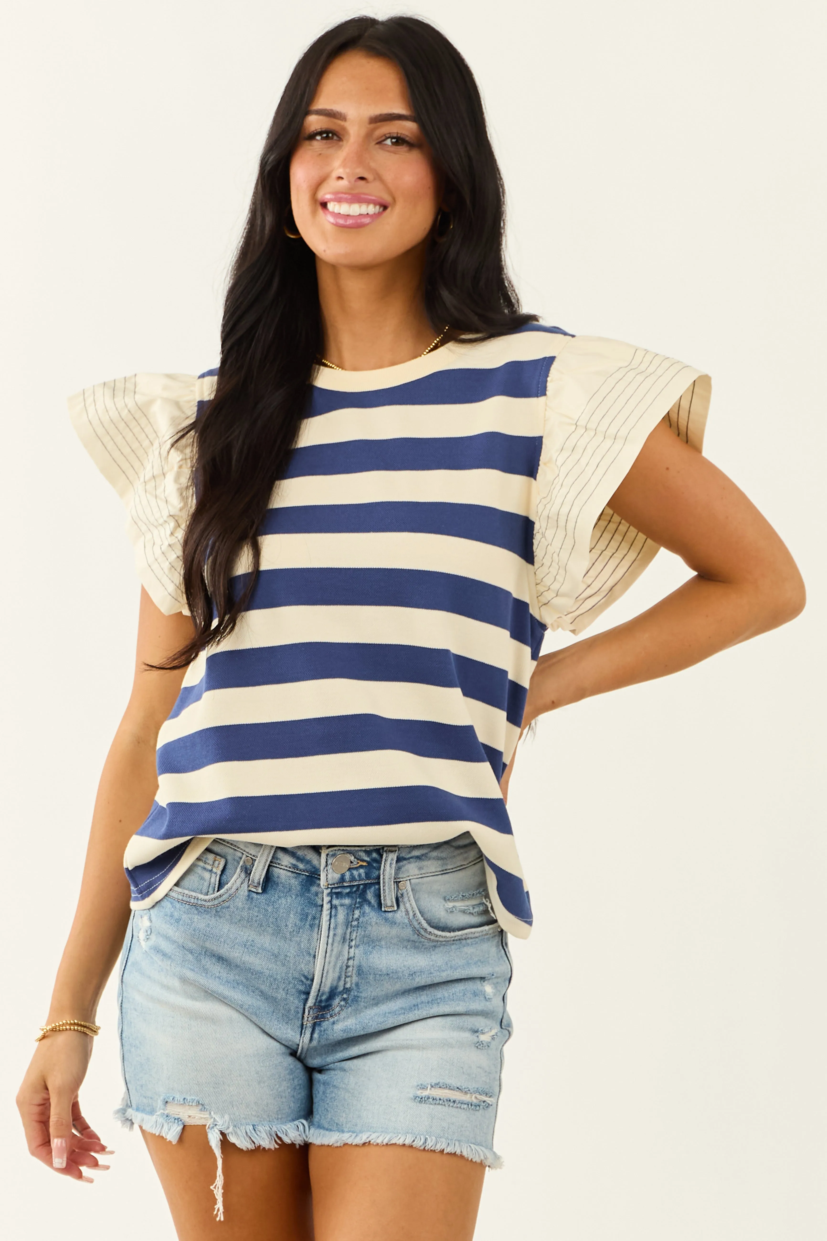 Navy and Cream Striped Ruffle Sleeve Top sold by Lime Lush